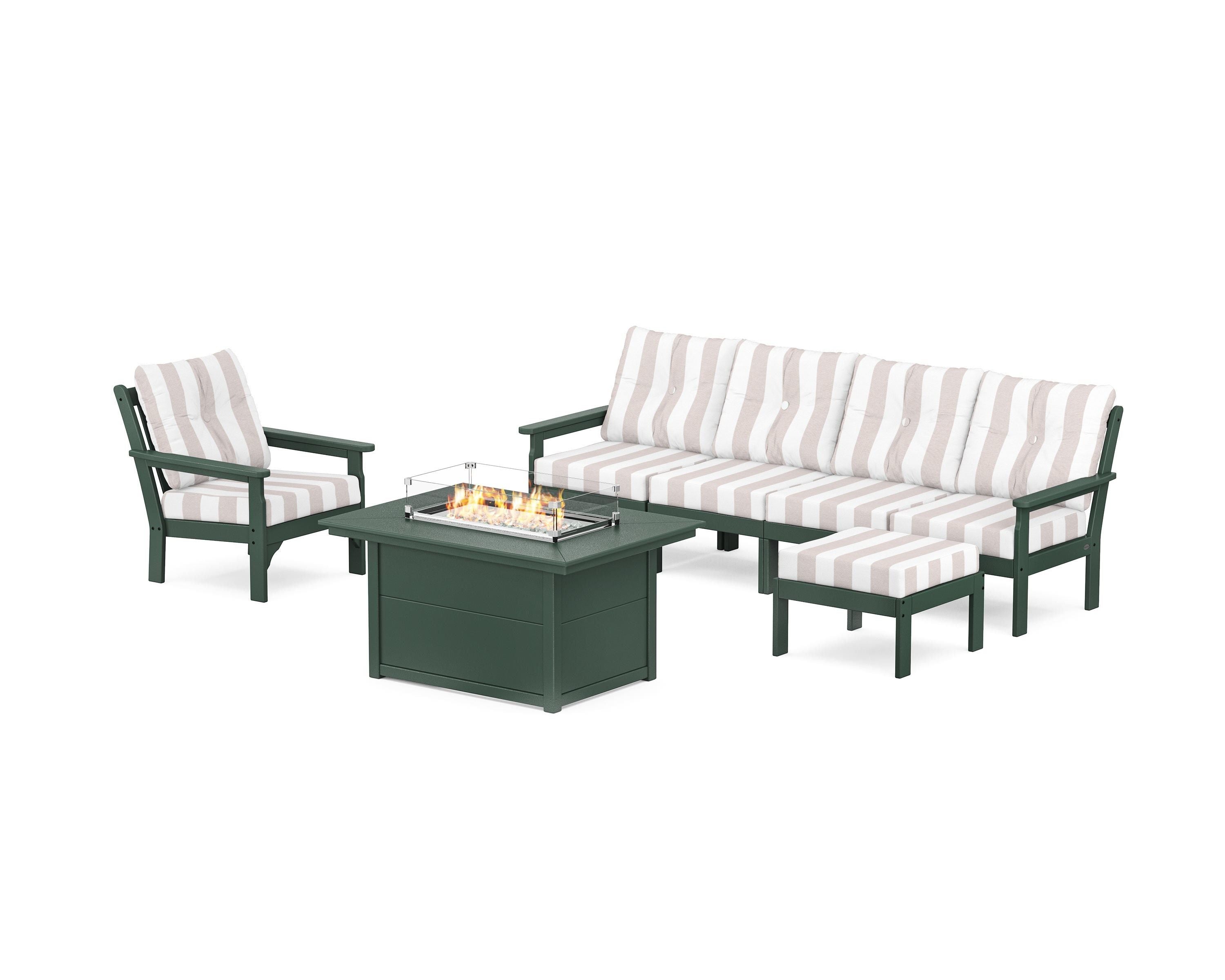 POLYWOOD® Vineyard Sectional Lounge and Fire Pit Set in Green / Cabana Stripe Dune Burlap