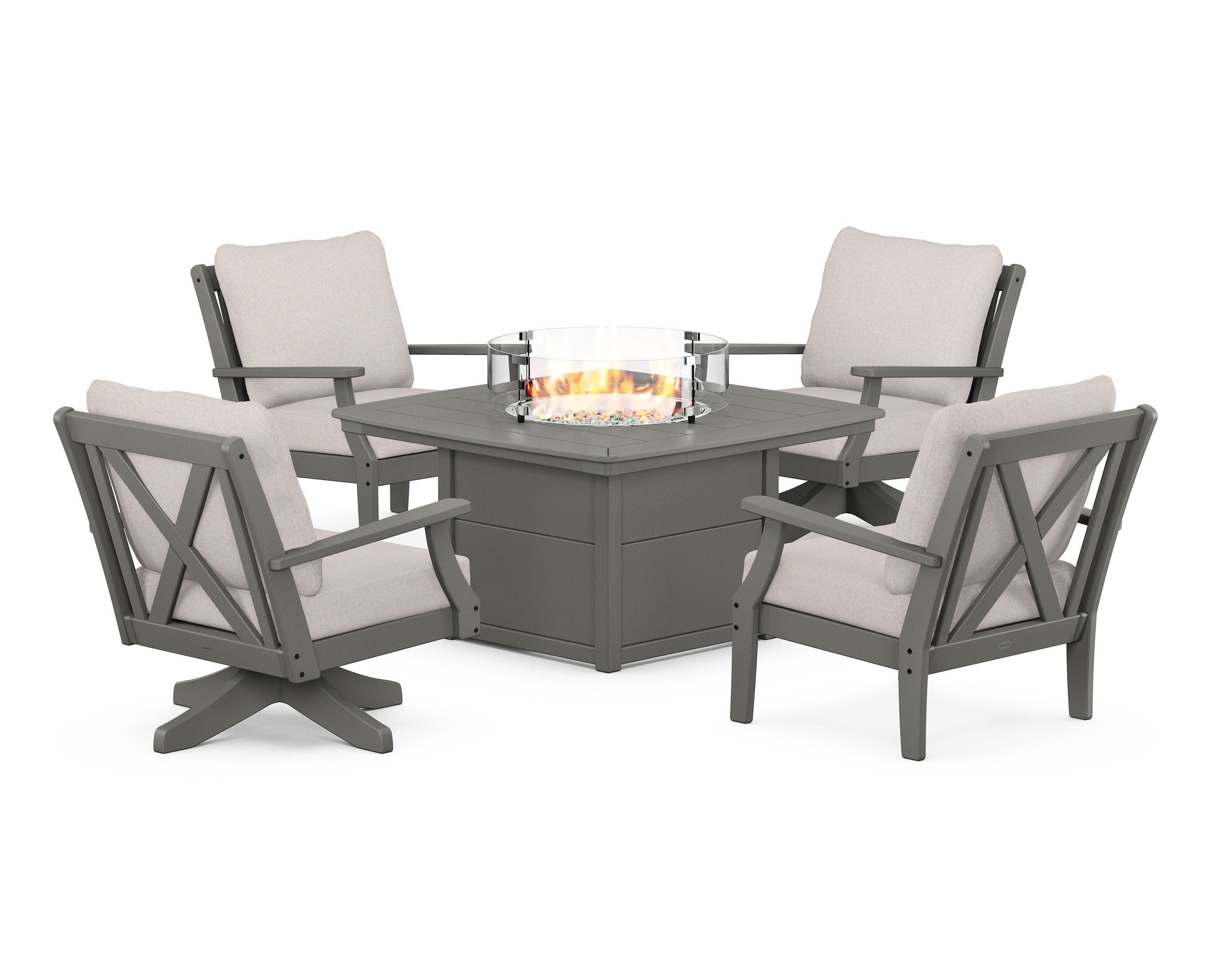 POLYWOOD® Braxton 5-Piece Deep Seating Set with Fire Table in Slate Grey / Dune Burlap