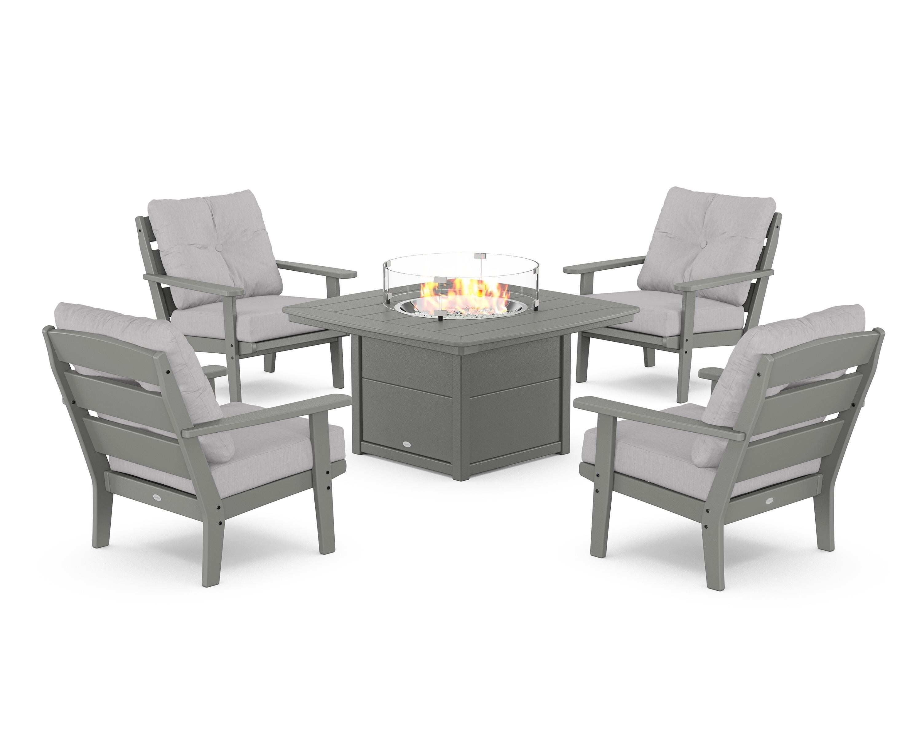 POLYWOOD® Lakeside 5-Piece Deep Seating Set with Nautical Fire Pit Table in Slate Grey / Granite