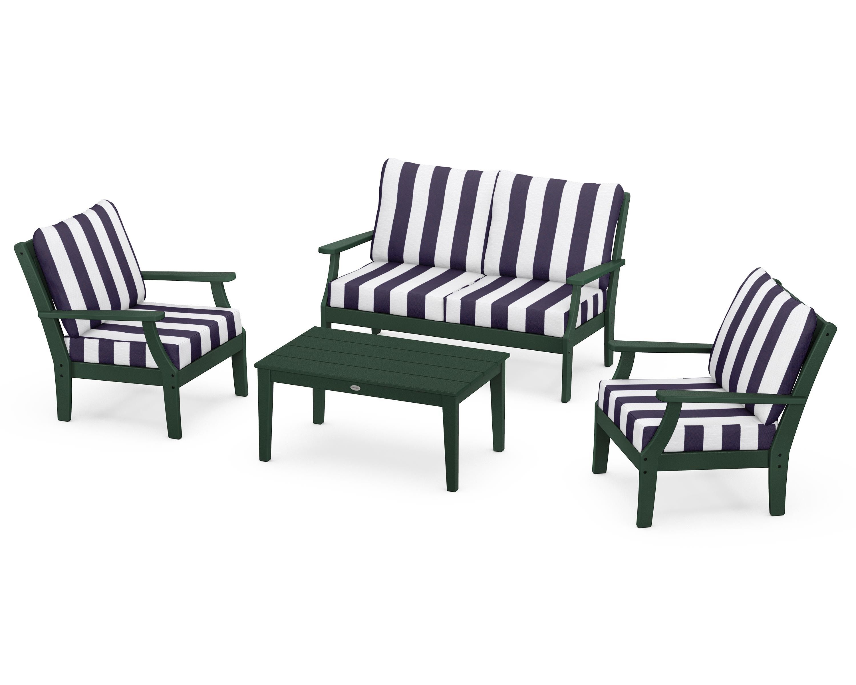 POLYWOOD® Braxton 4-Piece Deep Seating Chair Set in Green / Cabana Stripe Navy