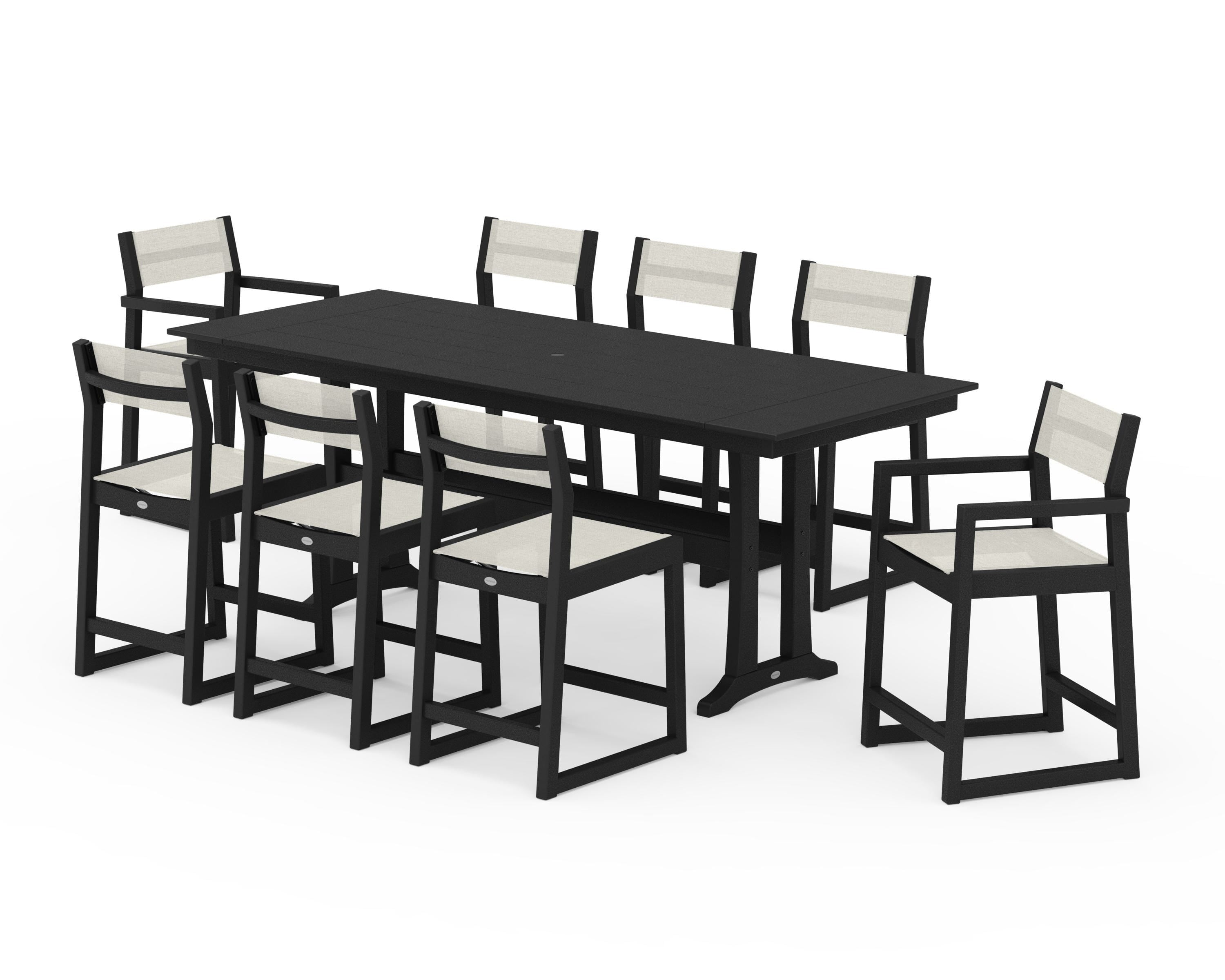 POLYWOOD® EDGE Sling 9-Piece Farmhouse Counter Set with Trestle Legs in Black / Parchment Sling