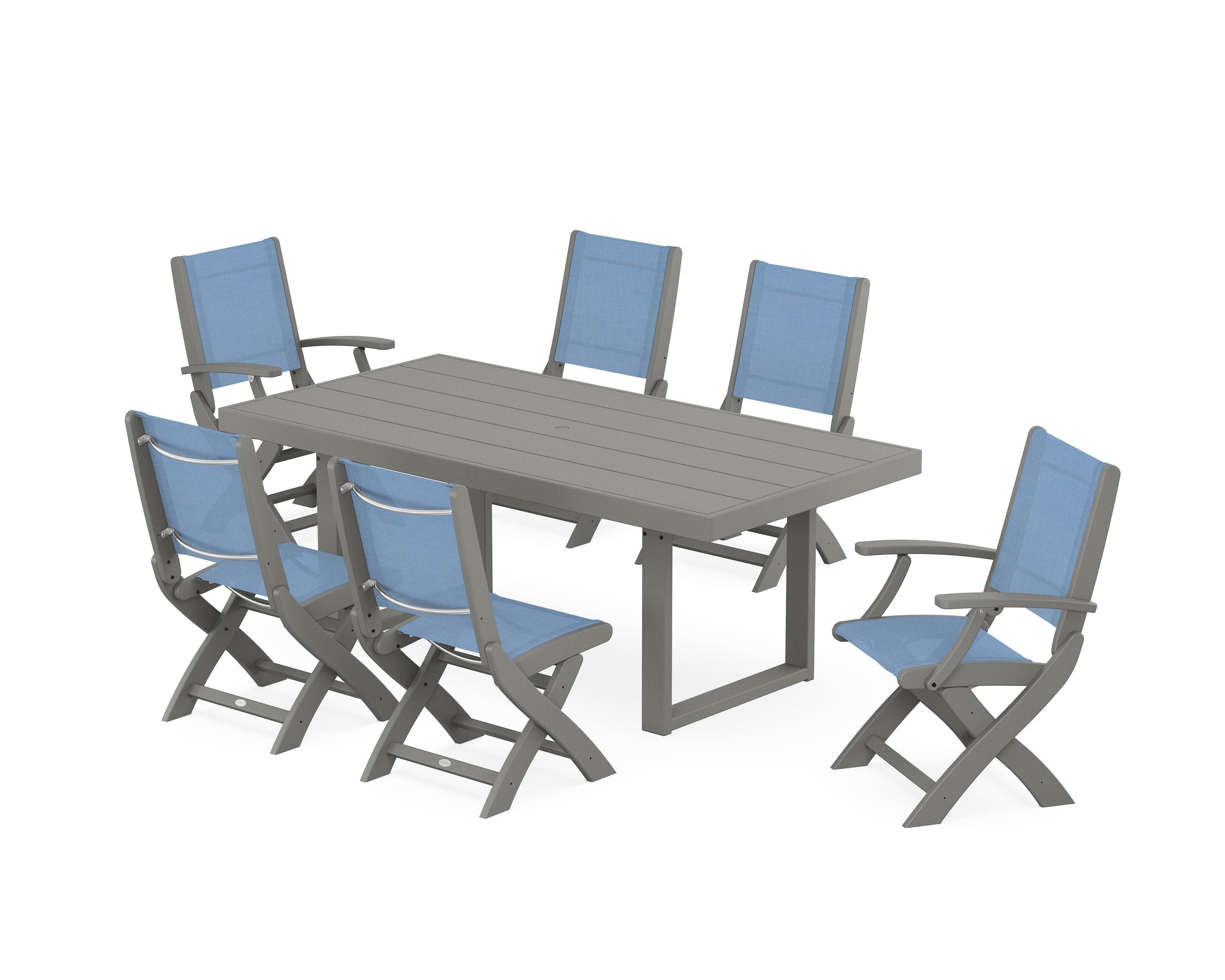 POLYWOOD® Coastal Folding Chair 7-Piece Dining Set with Trestle Legs in Slate Grey / Poolside Sling
