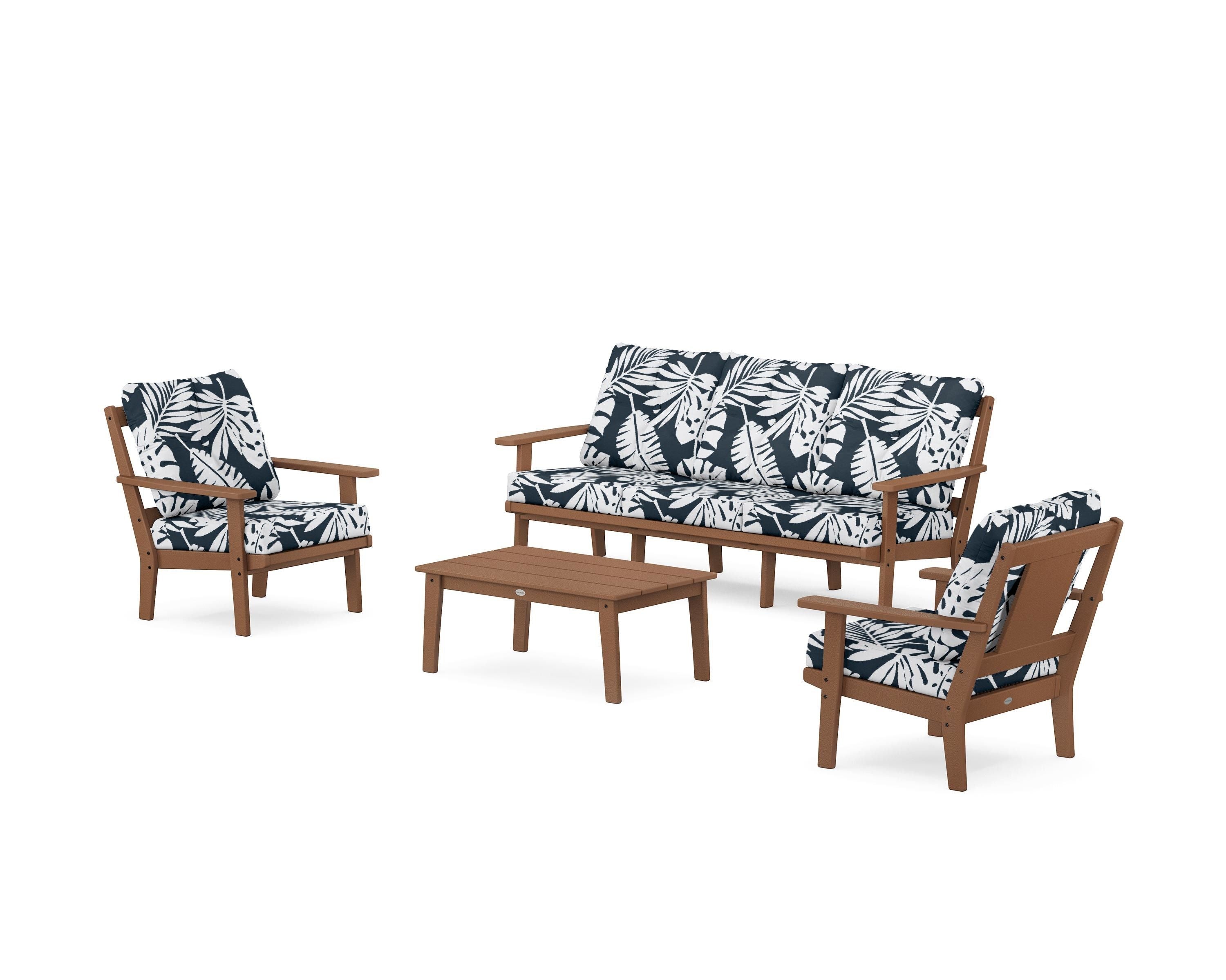 POLYWOOD® Prairie 4-Piece Deep Seating Set with Sofa in Teak / Leaf Marine Indigo