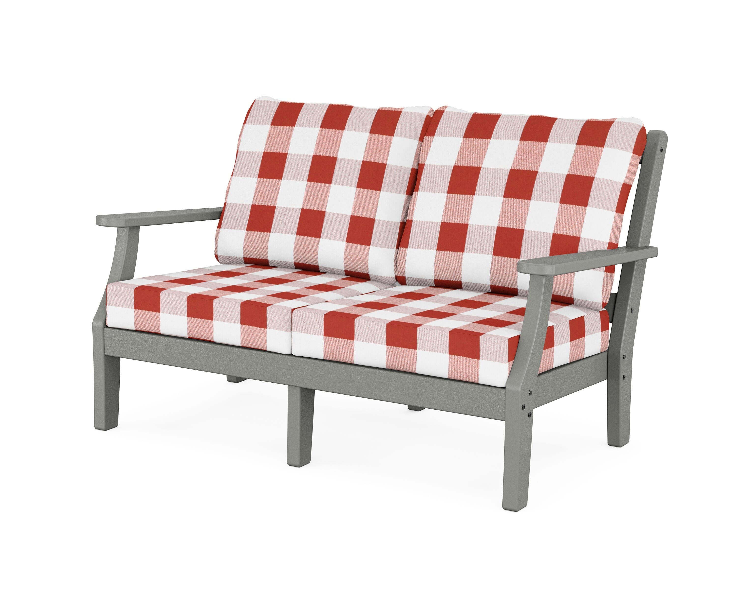 Martha Stewart by POLYWOOD® Chinoiserie Deep Seating Loveseat in Slate Grey / Buffalo Plaid Crimson