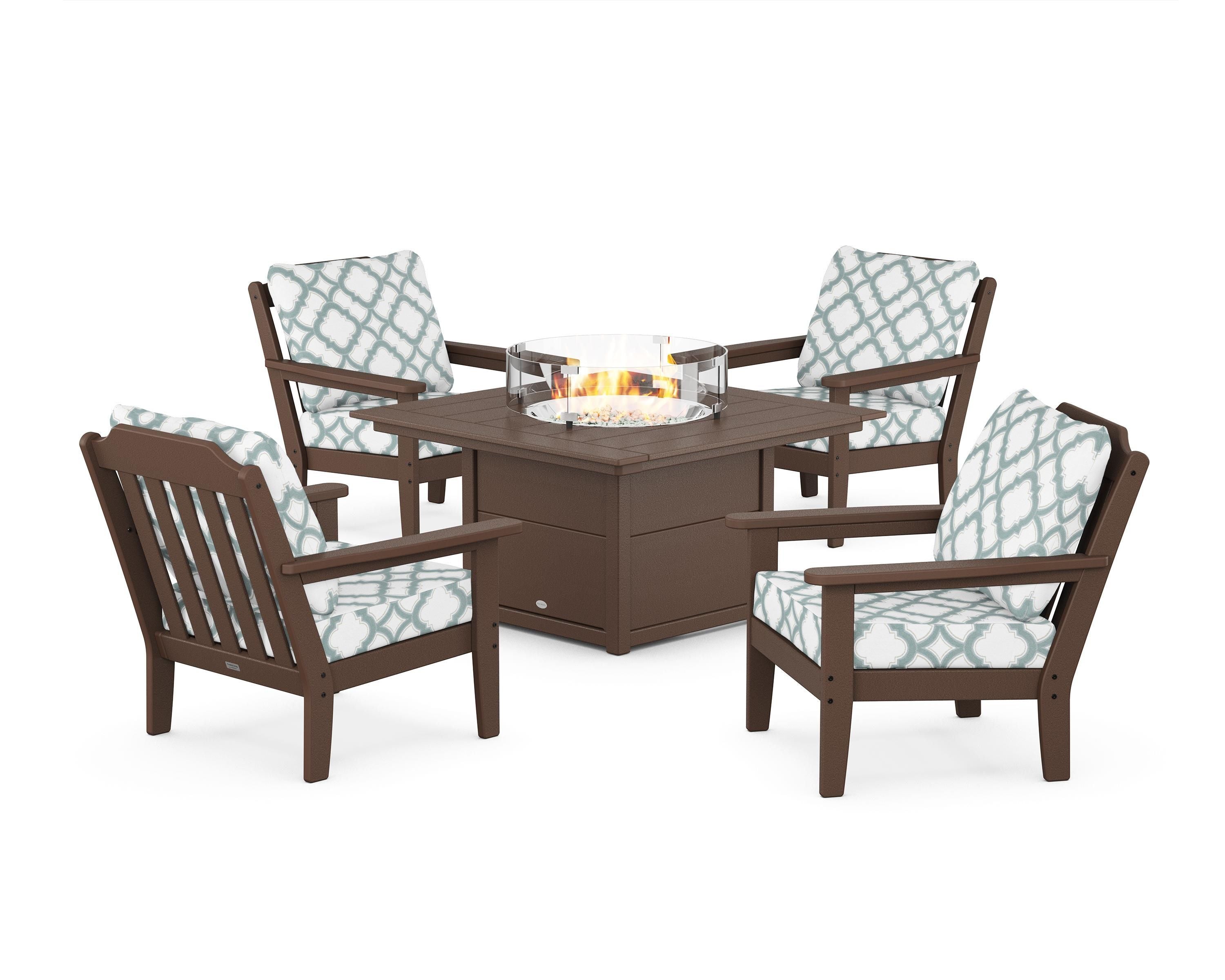 Country Living Cottage 5-Piece Deep Seating Set with Fire Pit Table in Mahogany / Trellis Glacier Spa