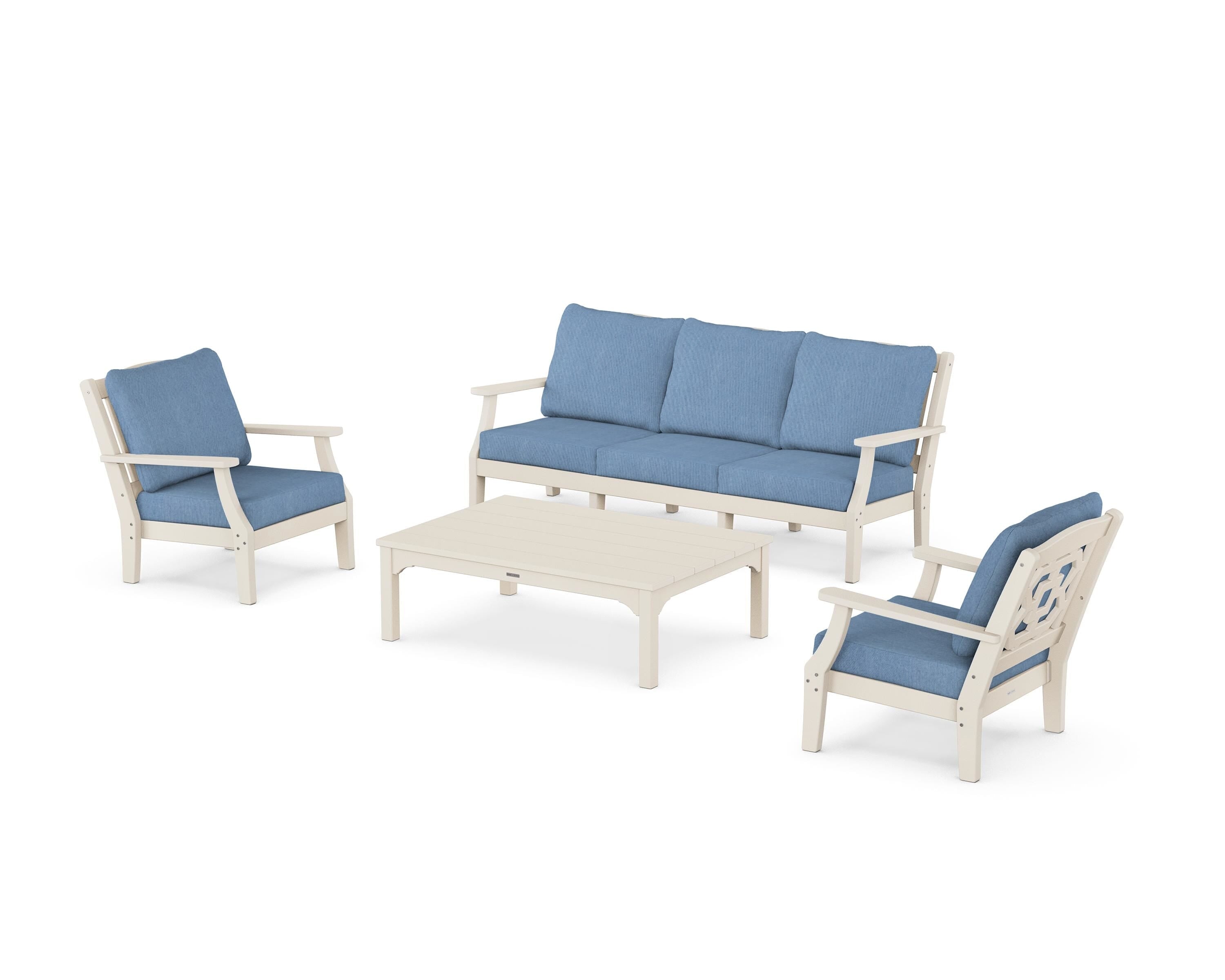 Martha Stewart by POLYWOOD® Chinoiserie 4-Piece Deep Seating Set with Sofa in Sand / Sky Blue