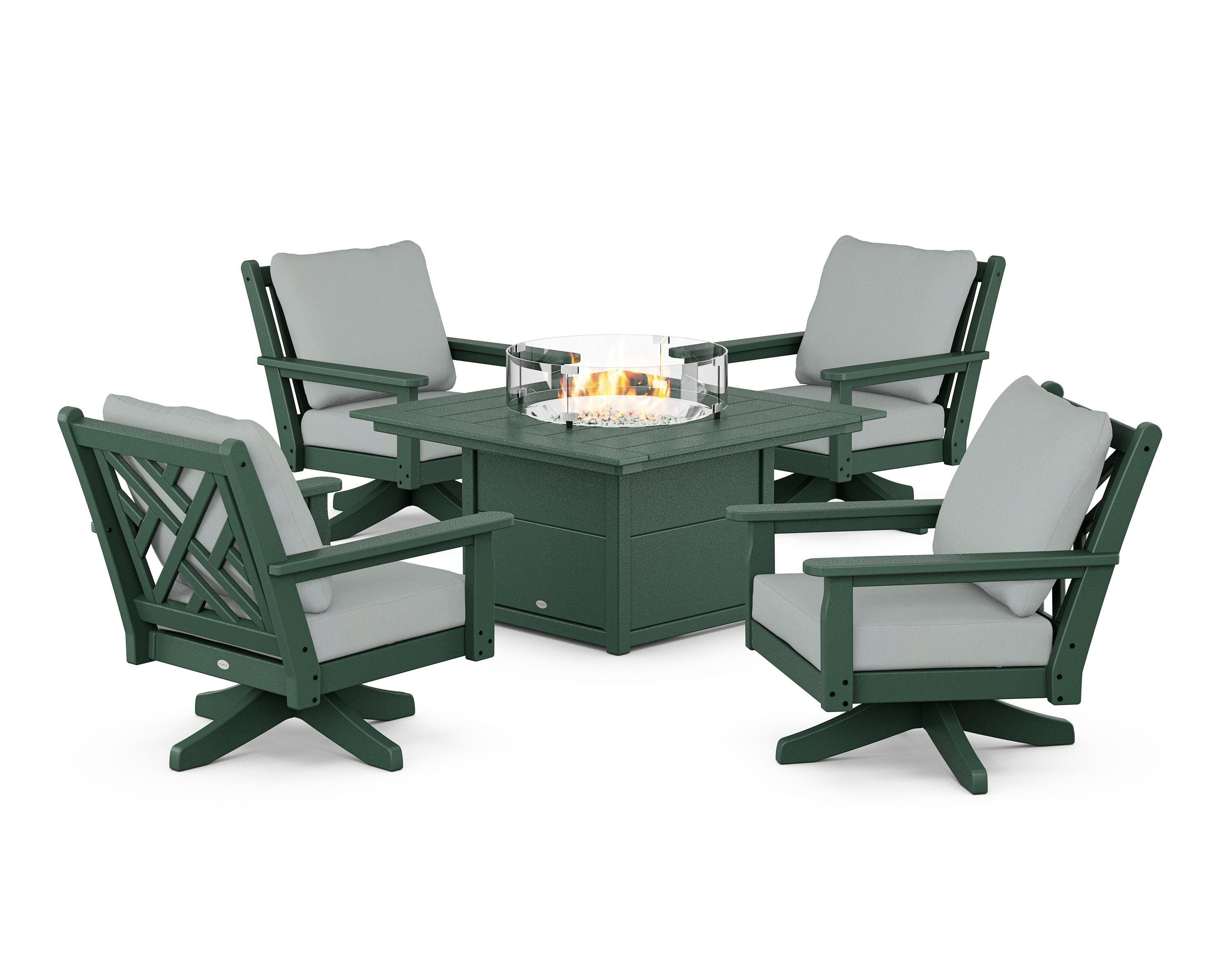 POLYWOOD® Chippendale 5-Piece Deep Seating Swivel Conversation Set with Fire Pit Table in Green / Spa