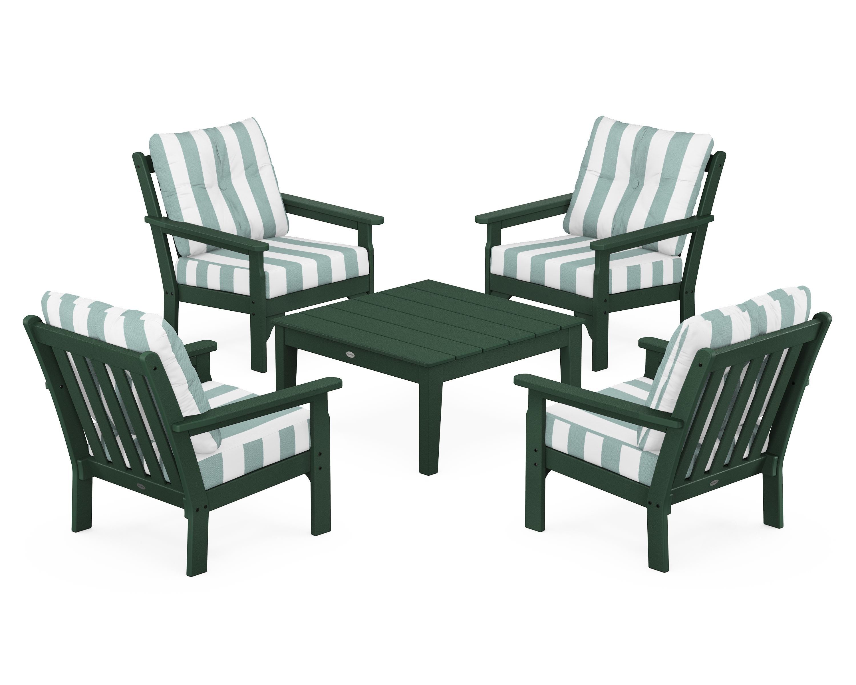 POLYWOOD® Vineyard 5-Piece Deep Seating Conversation Set in Green / Cabana Stripe Glacier Spa
