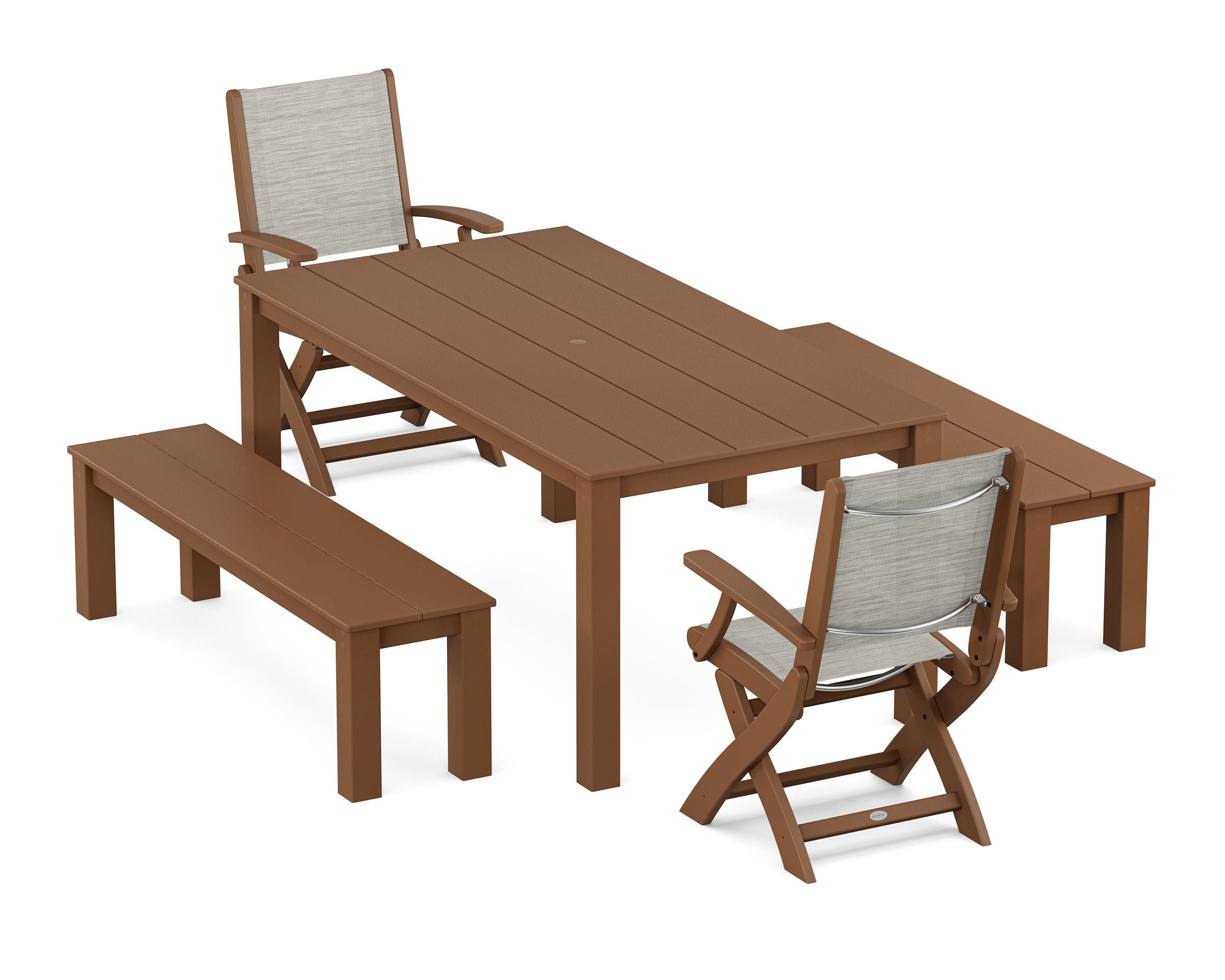 POLYWOOD® Coastal Folding Chair 5-Piece Parsons Dining Set with Benches in Teak / Birch Sling