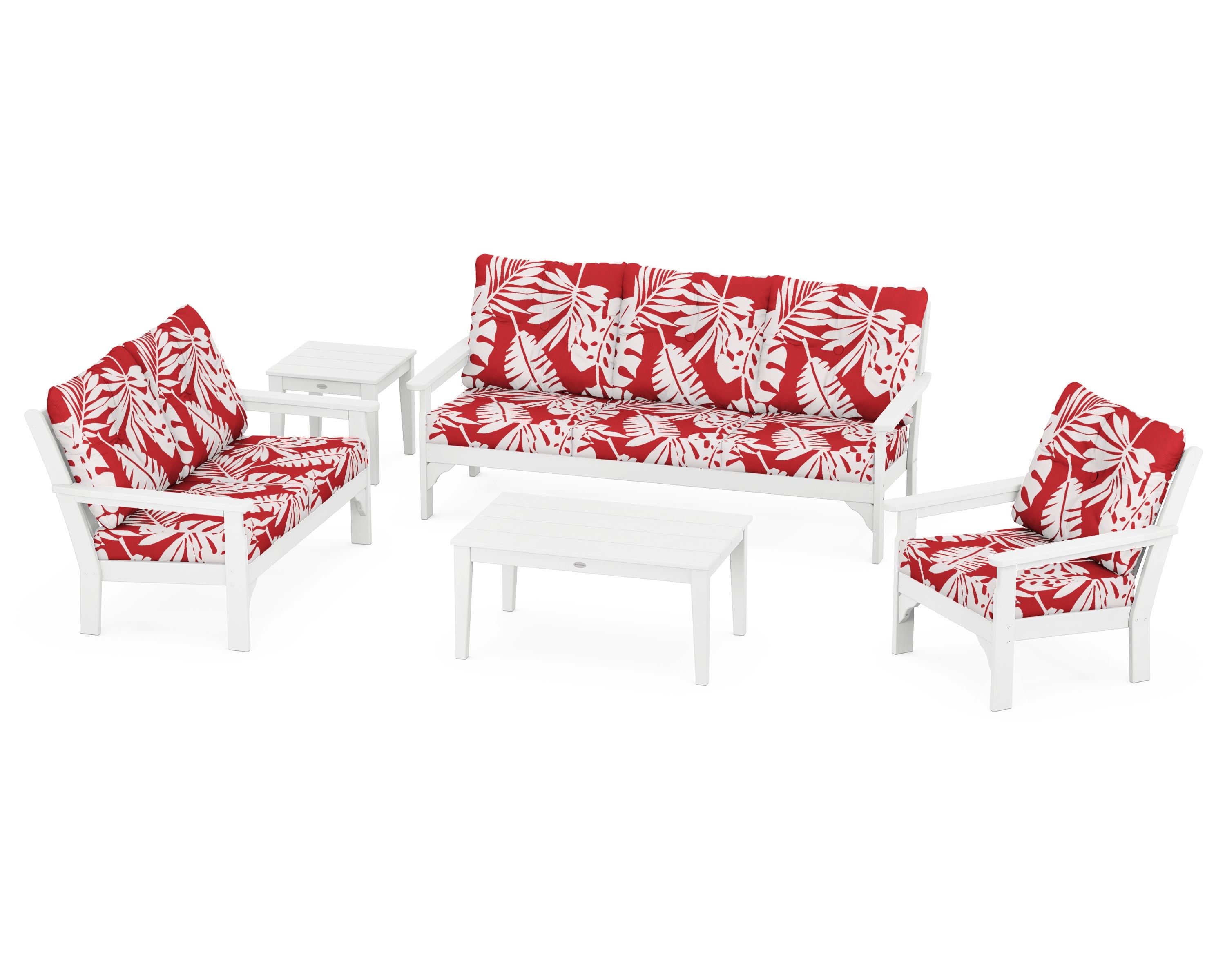 POLYWOOD® Vineyard 5 Piece Deep Seating Set in White / Leaf Crimson