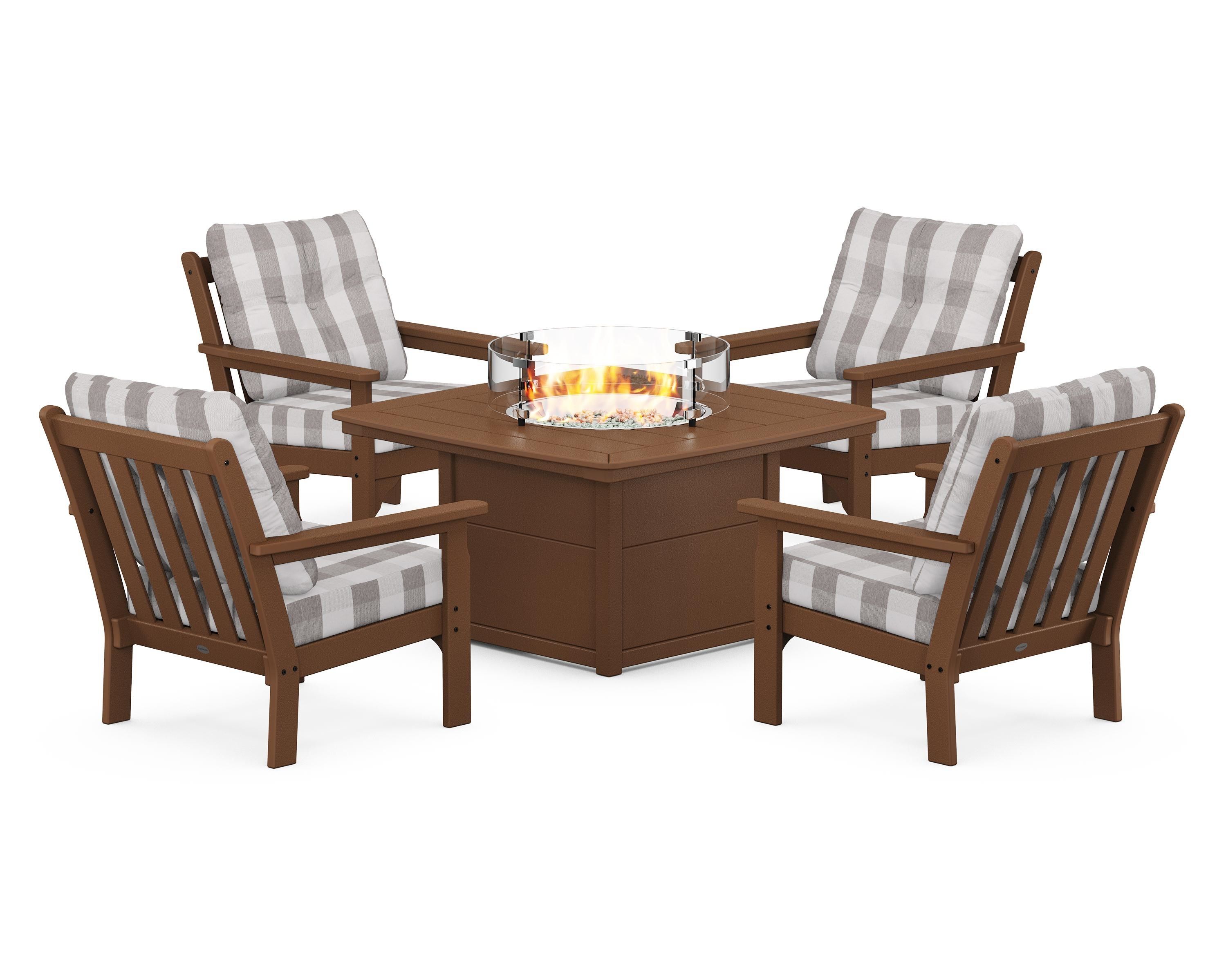 POLYWOOD® Vineyard 5-Piece Conversation Set with Fire Pit Table in Teak / Buffalo Plaid Grey Mist
