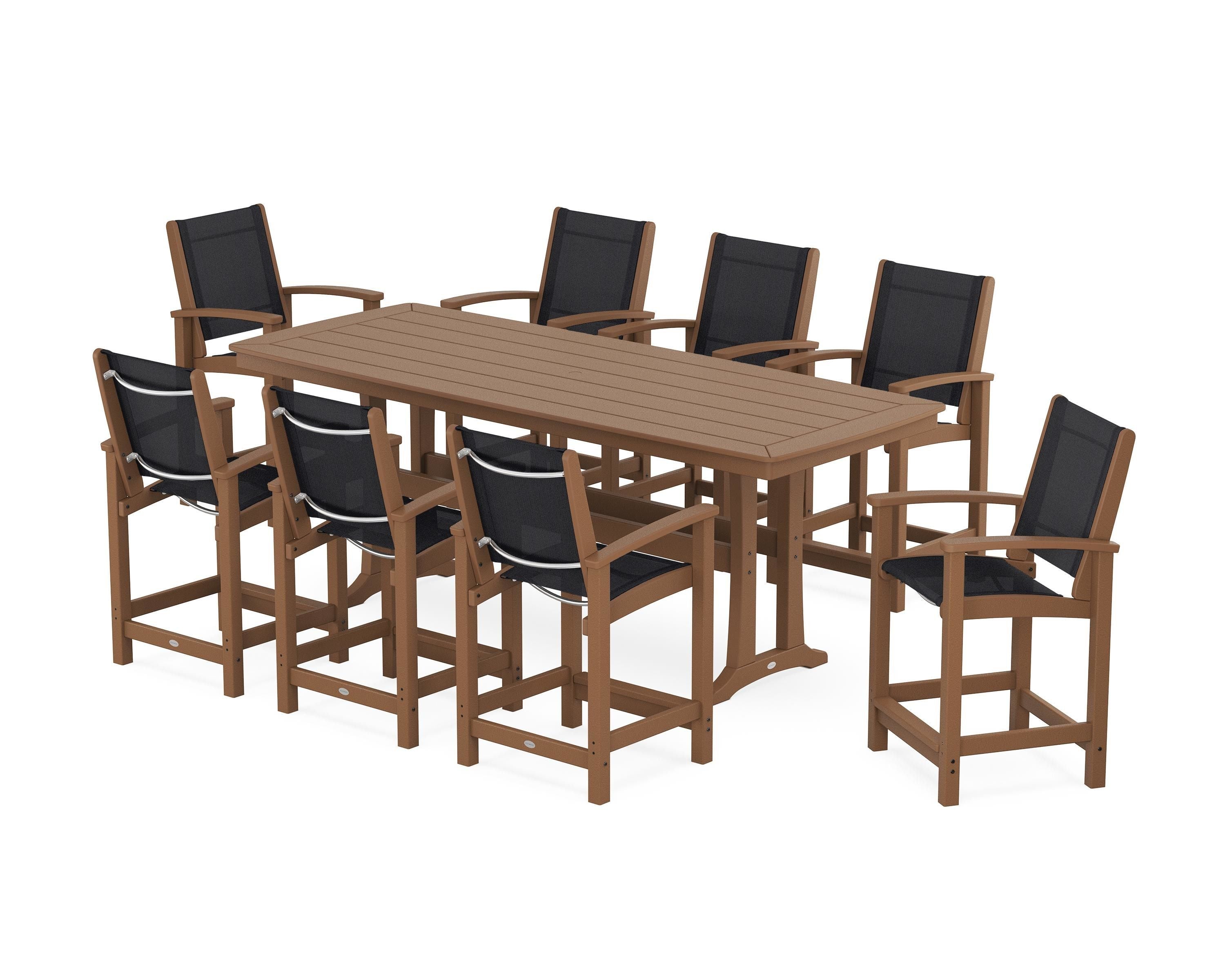 POLYWOOD® Coastal 9-Piece Counter Set with Trestle Legs in Teak / Black Sling
