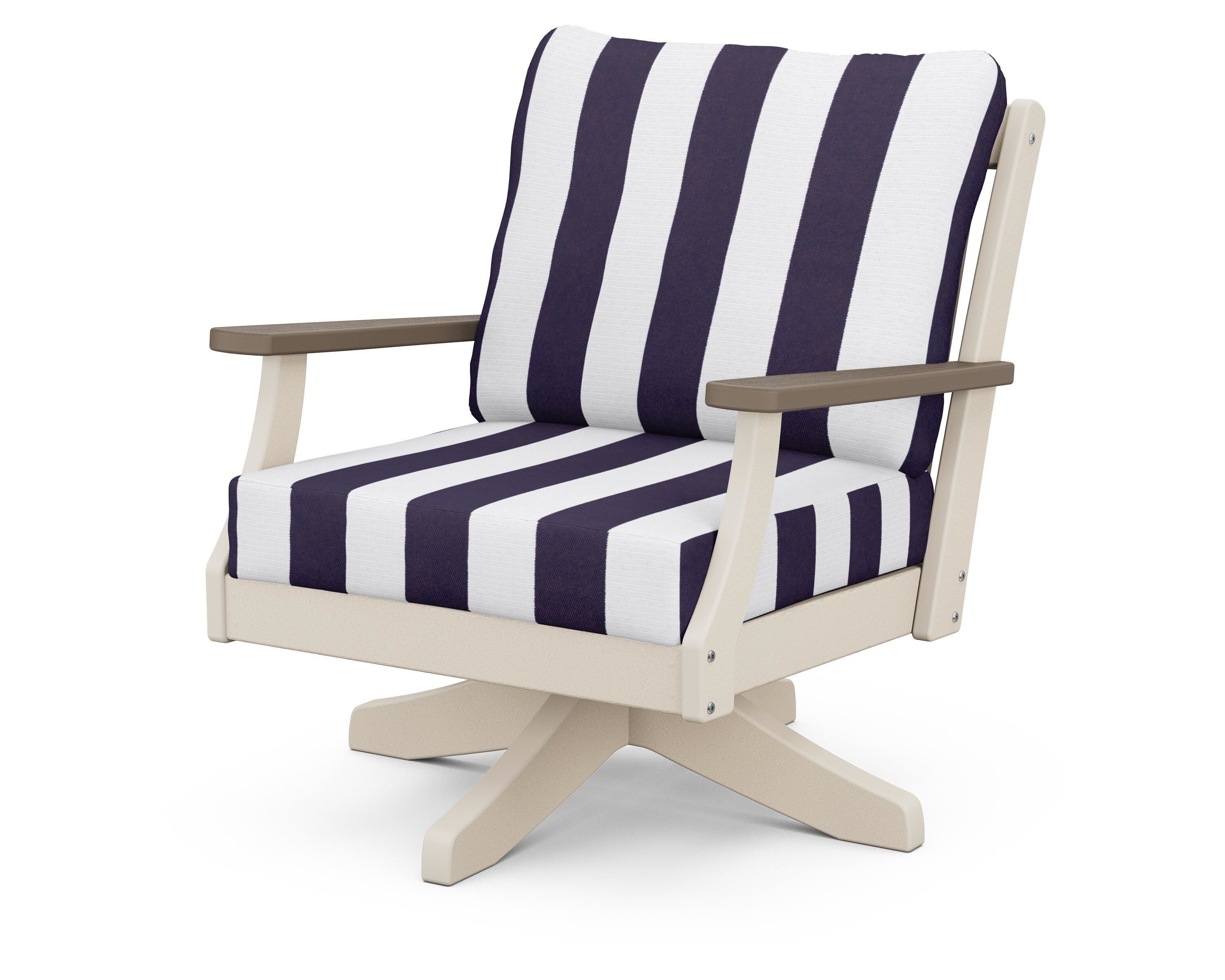 POLYWOOD® Braxton Deep Seating Swivel Chair in Sand / Kona / Cabana Stripe Navy
