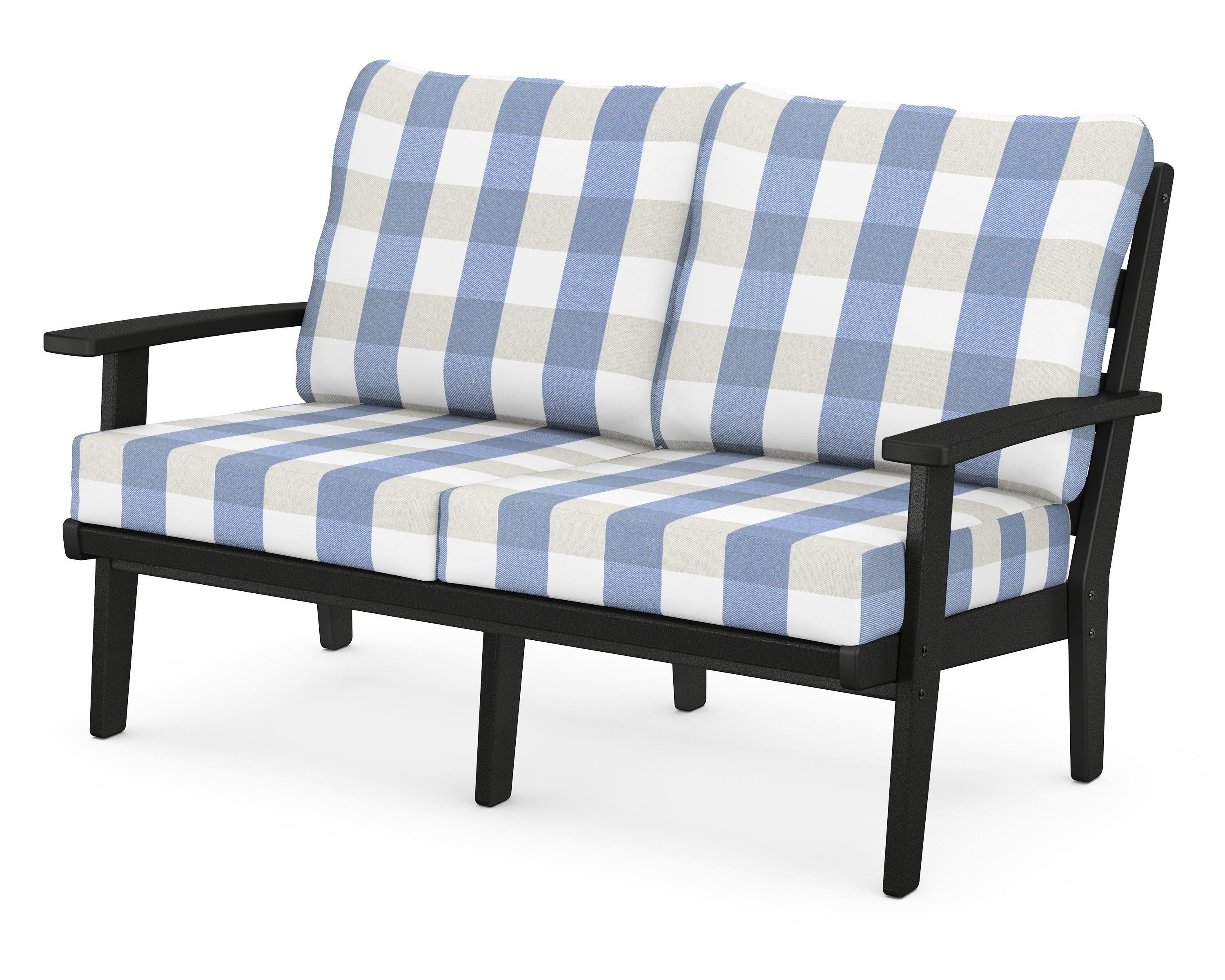 POLYWOOD® Grant Park Deep Seating Loveseat in Black / Buffalo Plaid Sky Blue