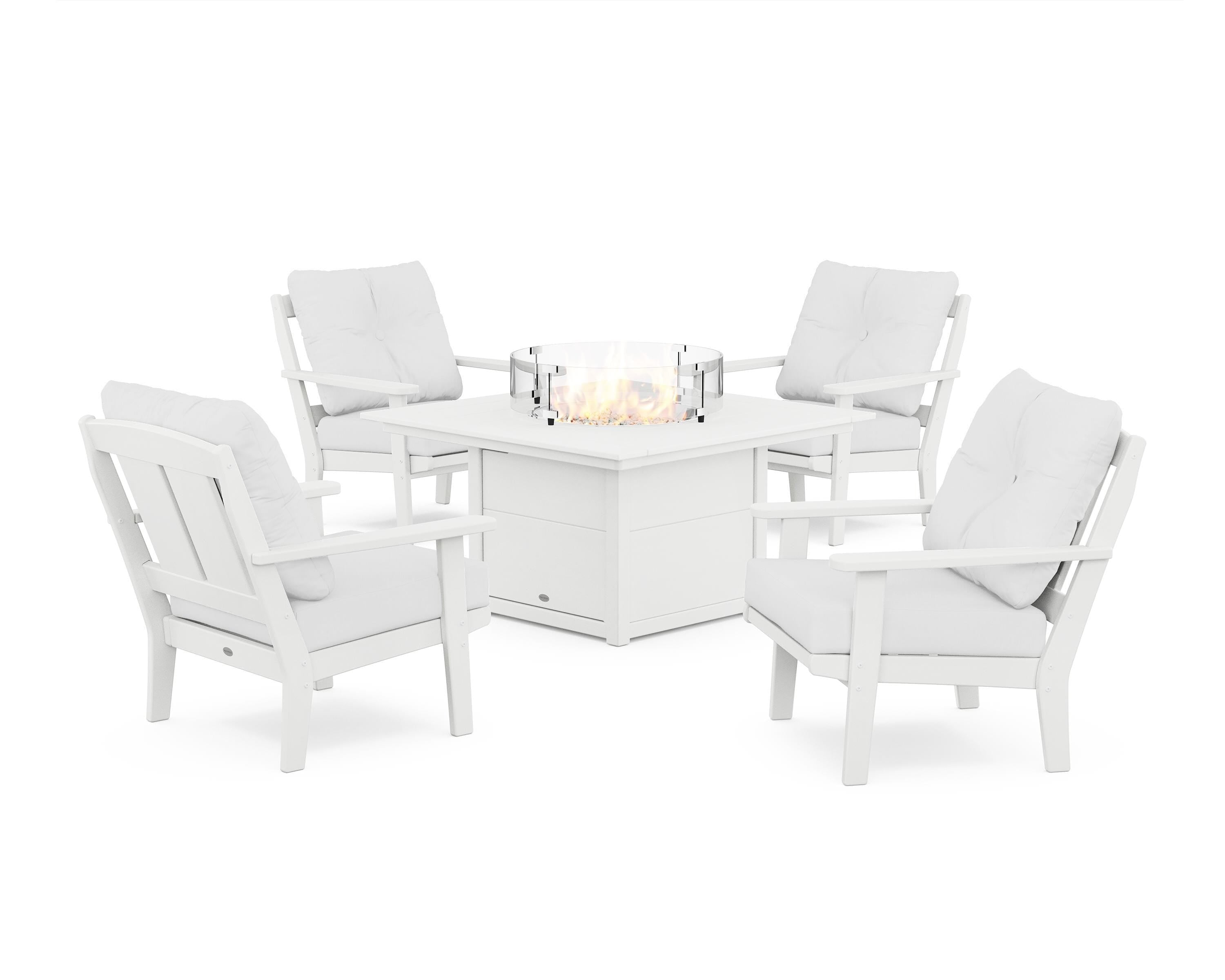 POLYWOOD® Mission 5-Piece Deep Seating Set with Fire Pit Table in White / Natural