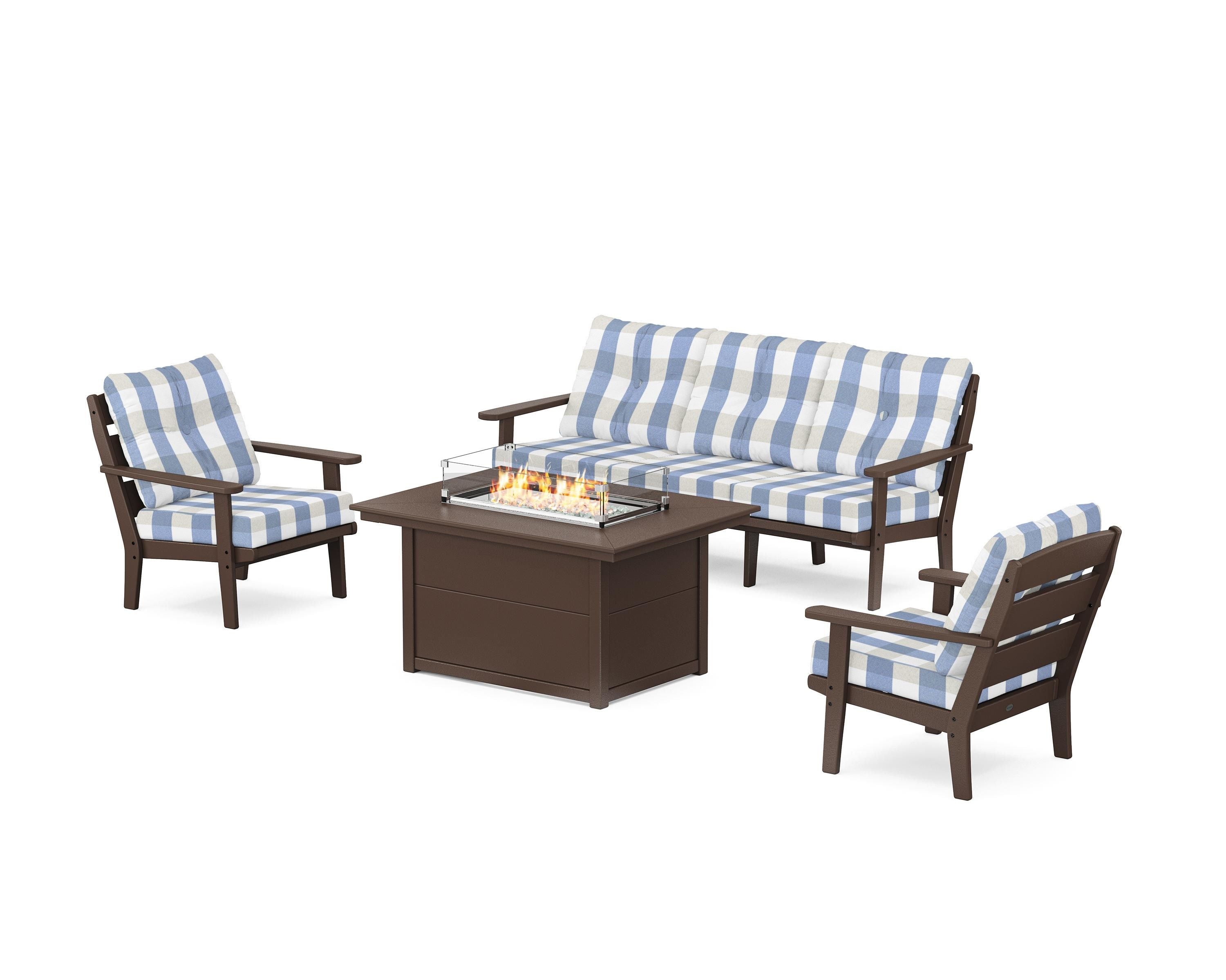 POLYWOOD® Lakeside Deep Seating Fire Pit Table Set in Mahogany / Buffalo Plaid Sky Blue