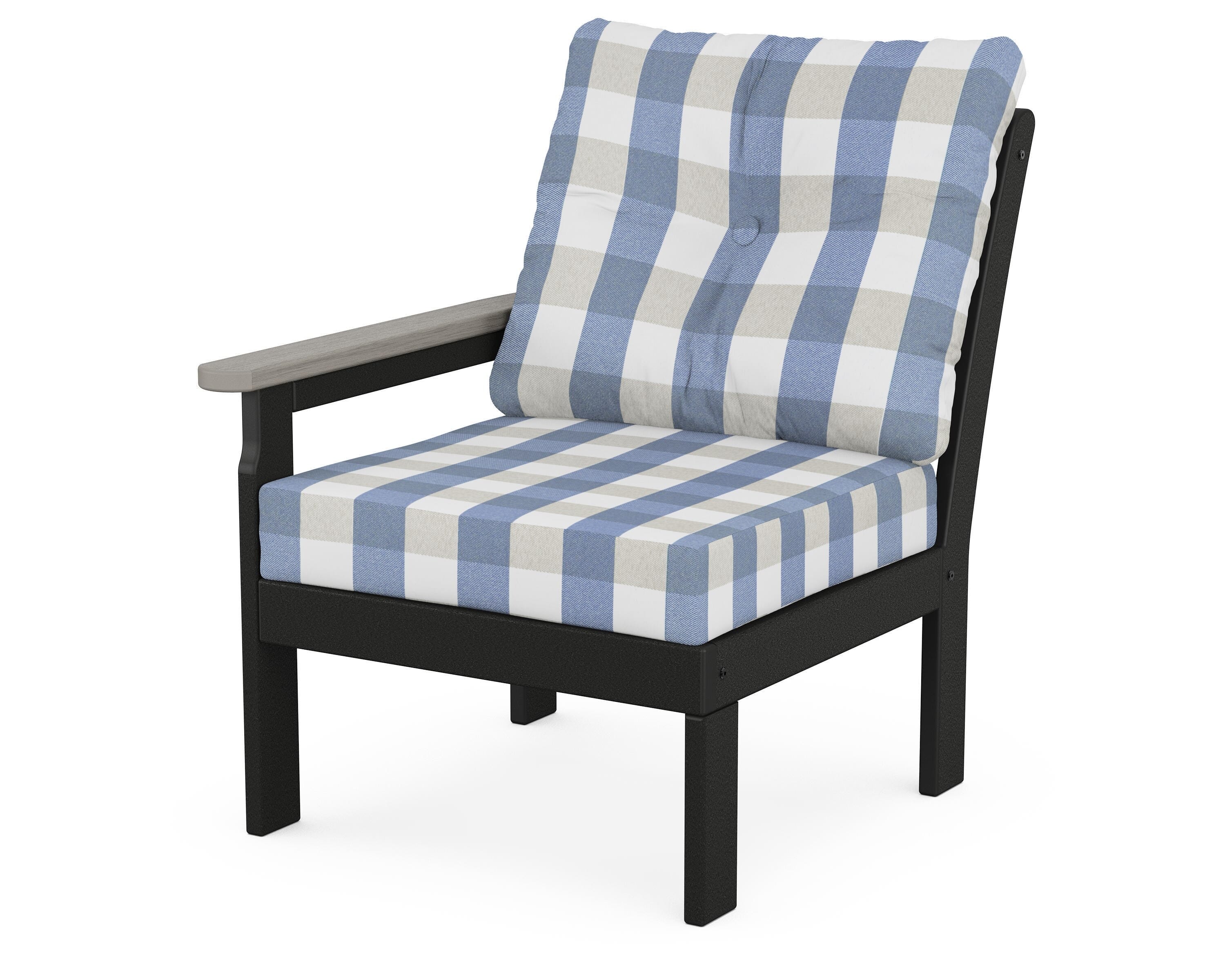 POLYWOOD® Vineyard Modular Left Arm Chair in Black / Driftwood / Buffalo Plaid Sky Blue