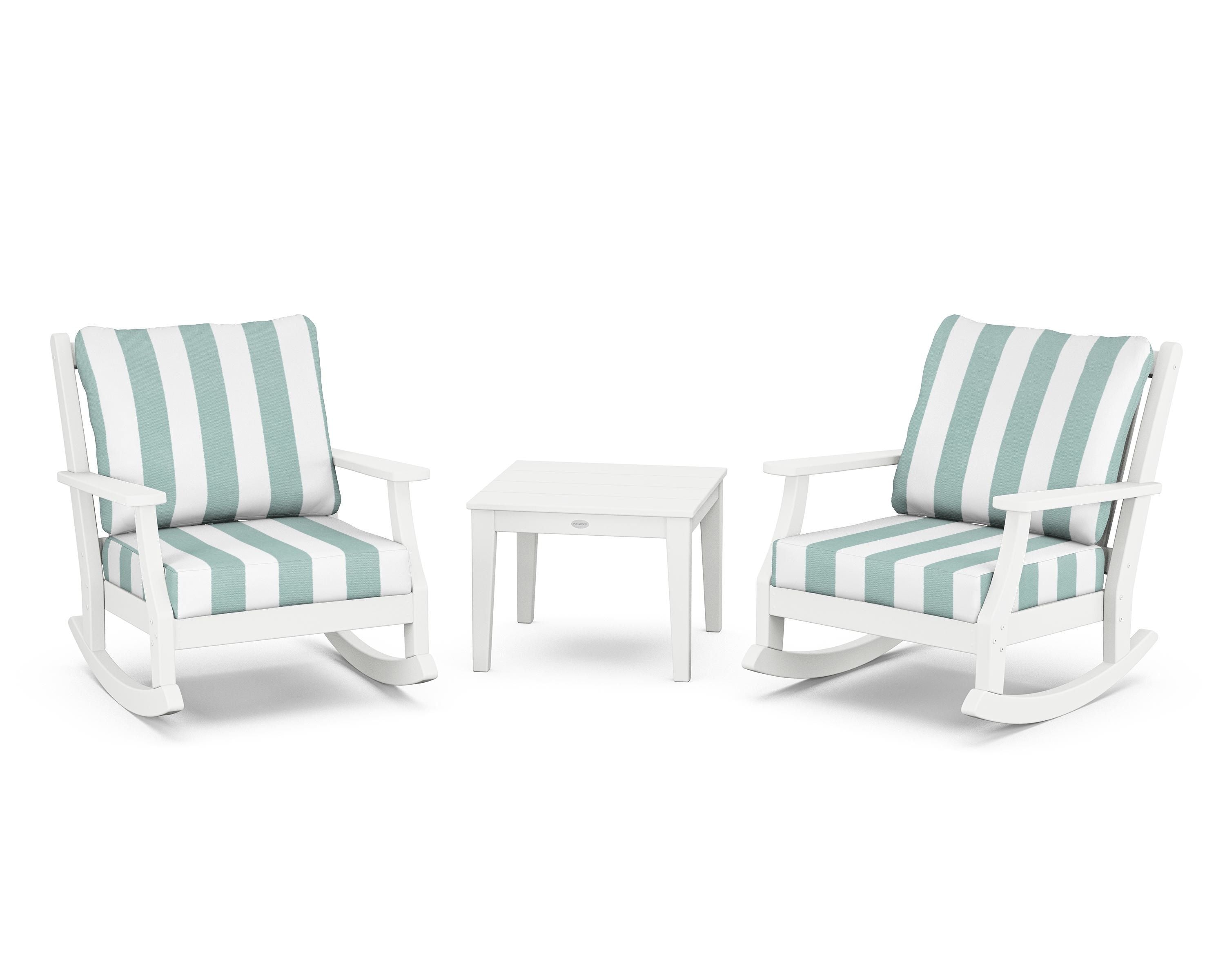 Country Living Wovendale 3-Piece Deep Seating Rocker Set in White / Cabana Stripe Glacier Spa