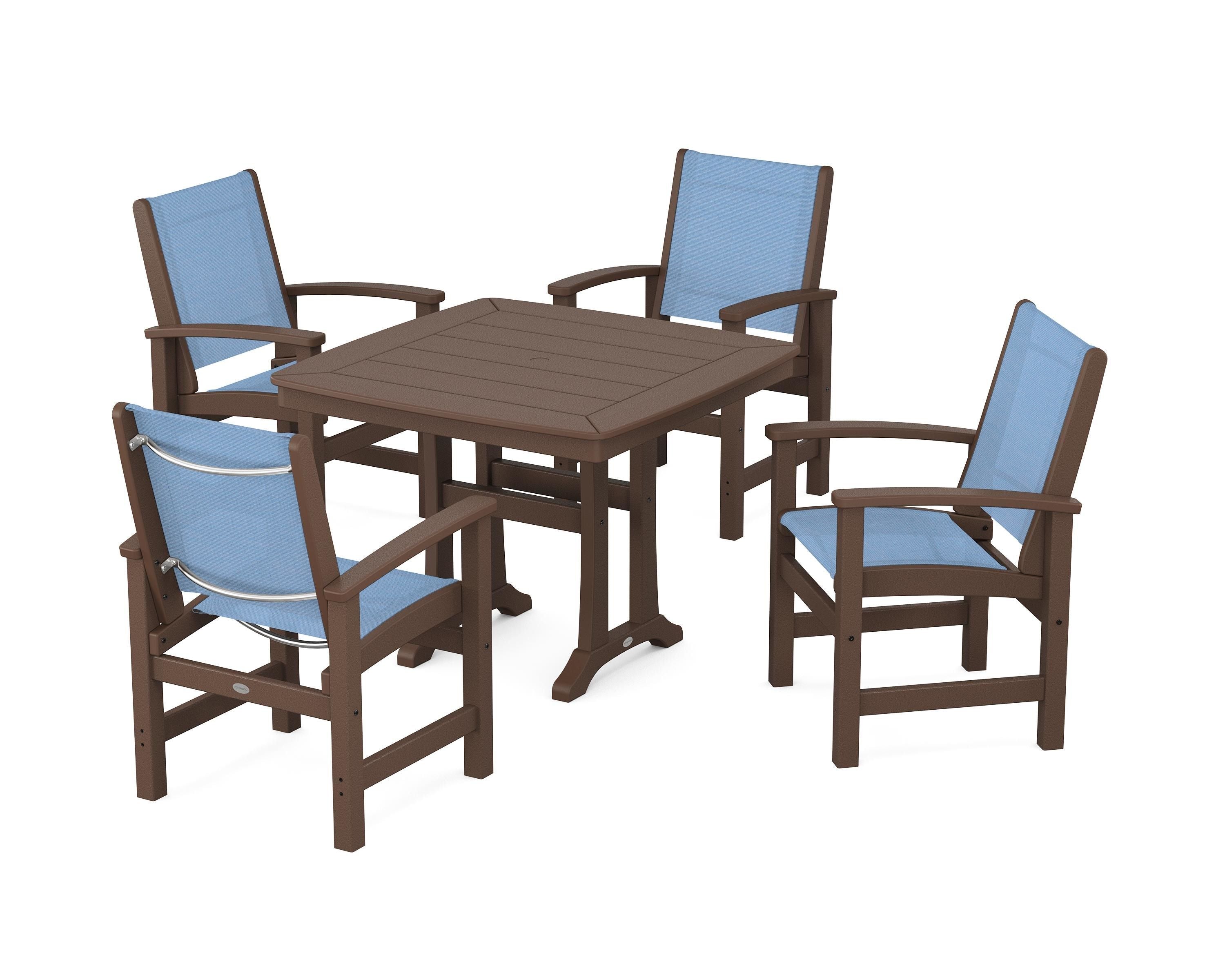 POLYWOOD® Coastal 5-Piece Dining Set with Trestle Legs in Mahogany / Poolside Sling
