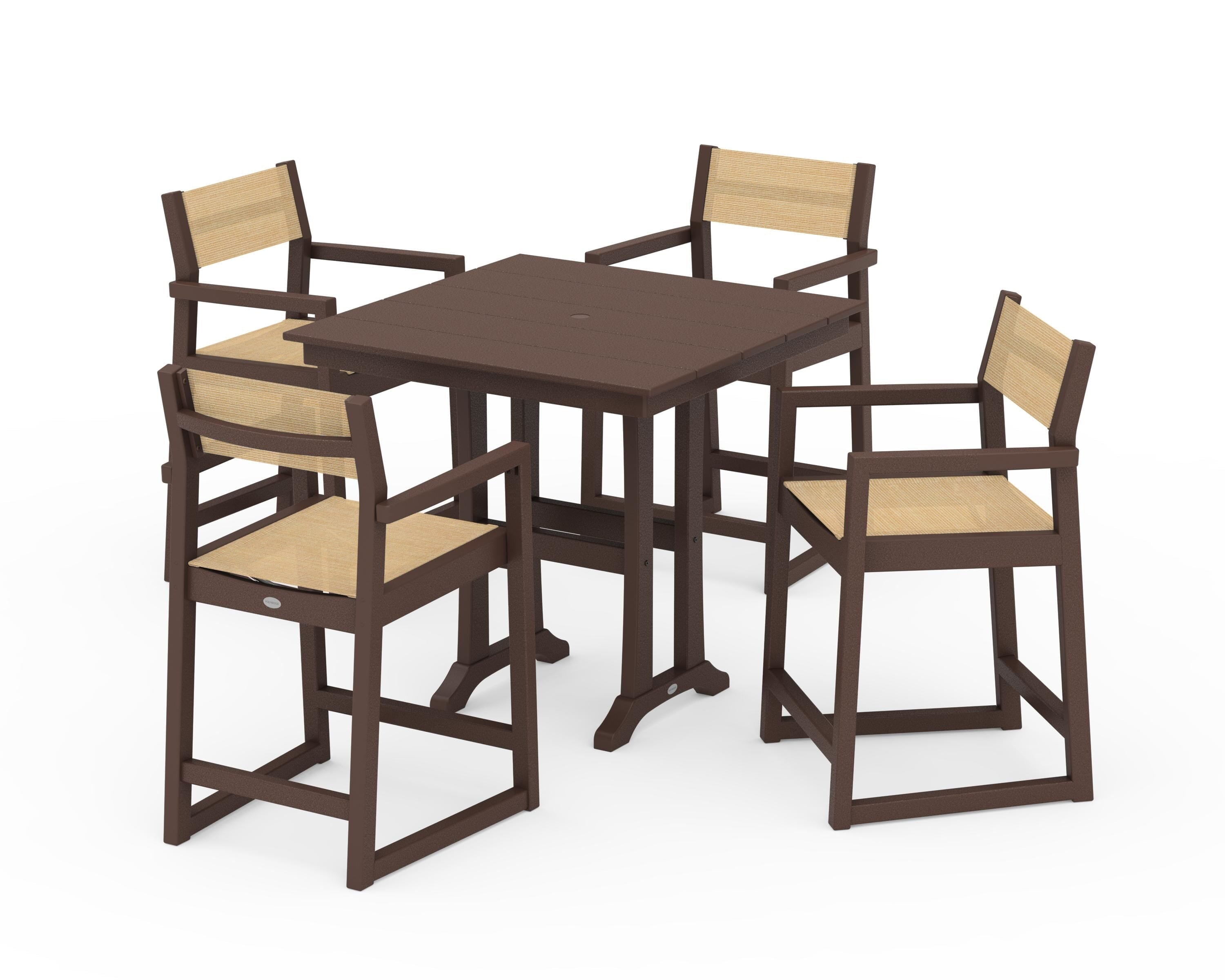 POLYWOOD® EDGE Sling Arm Chair 5-Piece Farmhouse Counter Set with Trestle Legs in Mahogany / Dupioni Apricot Sling
