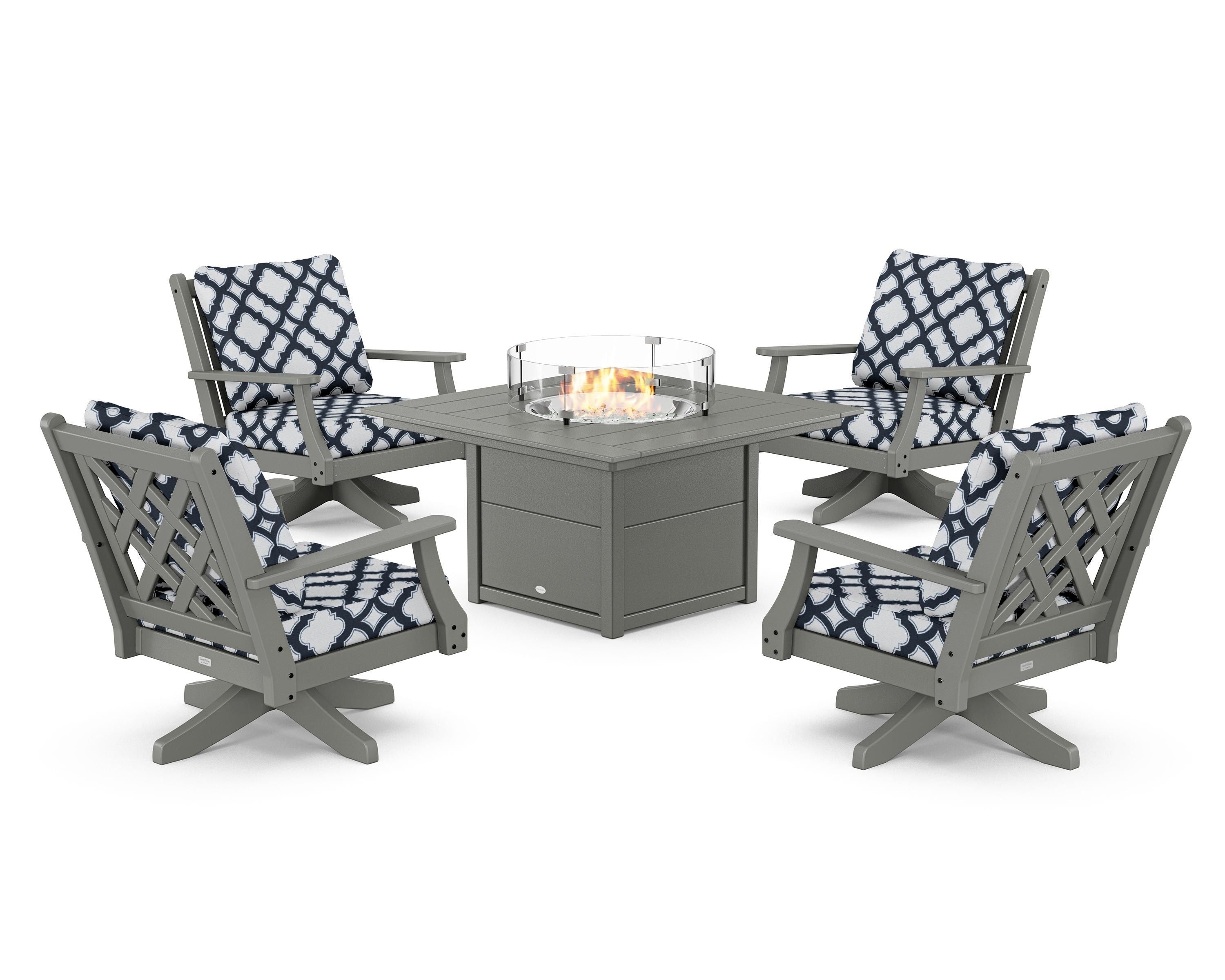 Country Living Wovendale 5-Piece Deep Seating Swivel Conversation Set with Fire Pit Table in Slate Grey / Trellis Marine Indigo