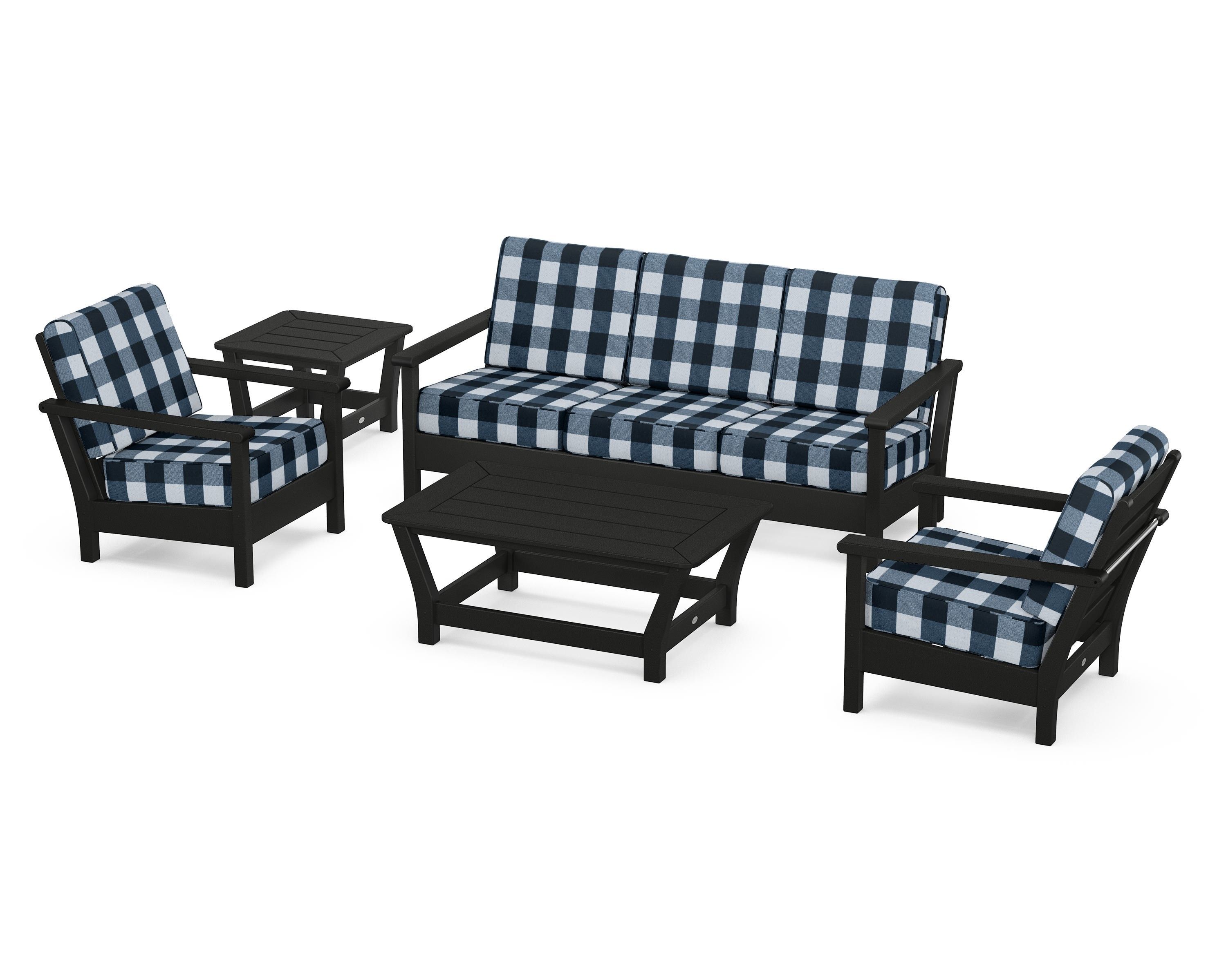 POLYWOOD® Harbour 5-Piece Deep Seating Set in Black / Buffalo Plaid Marine Indigo