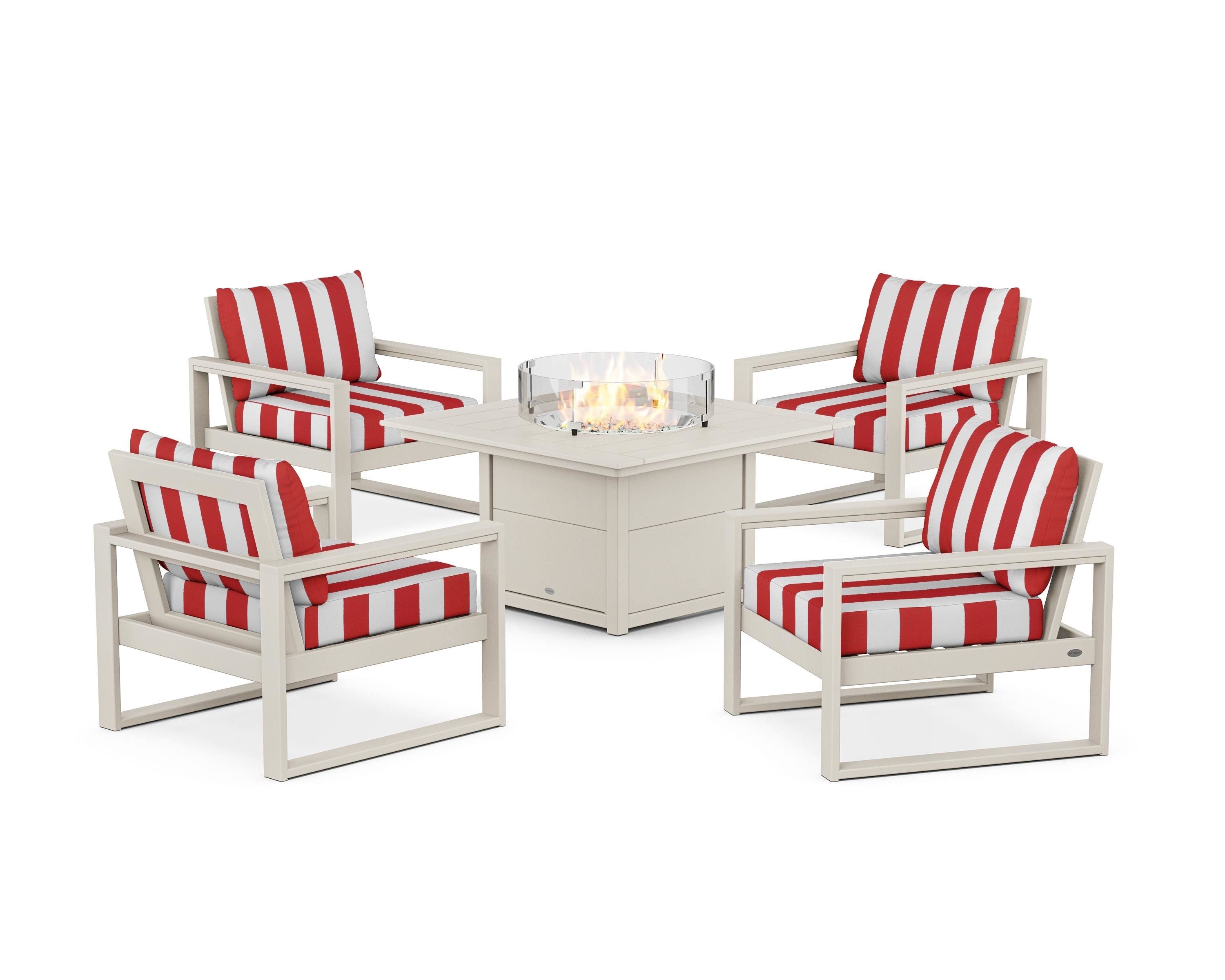 POLYWOOD® EDGE Sectional 5-Piece Deep Seating Set with Fire Pit Table in Sand / Cabana Stripe Crimson
