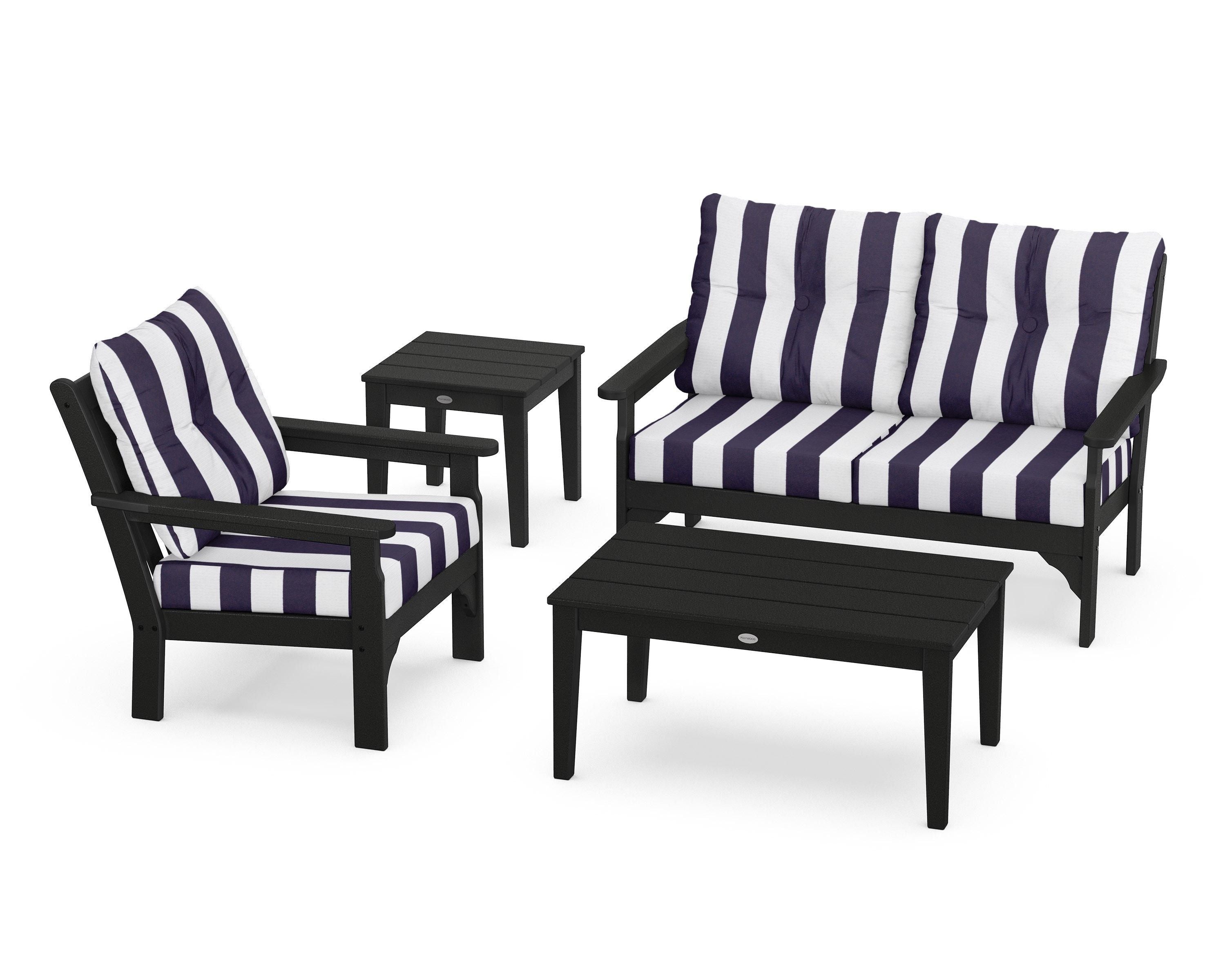 POLYWOOD® Vineyard 4-Piece Deep Seating Set in Black / Cabana Stripe Navy