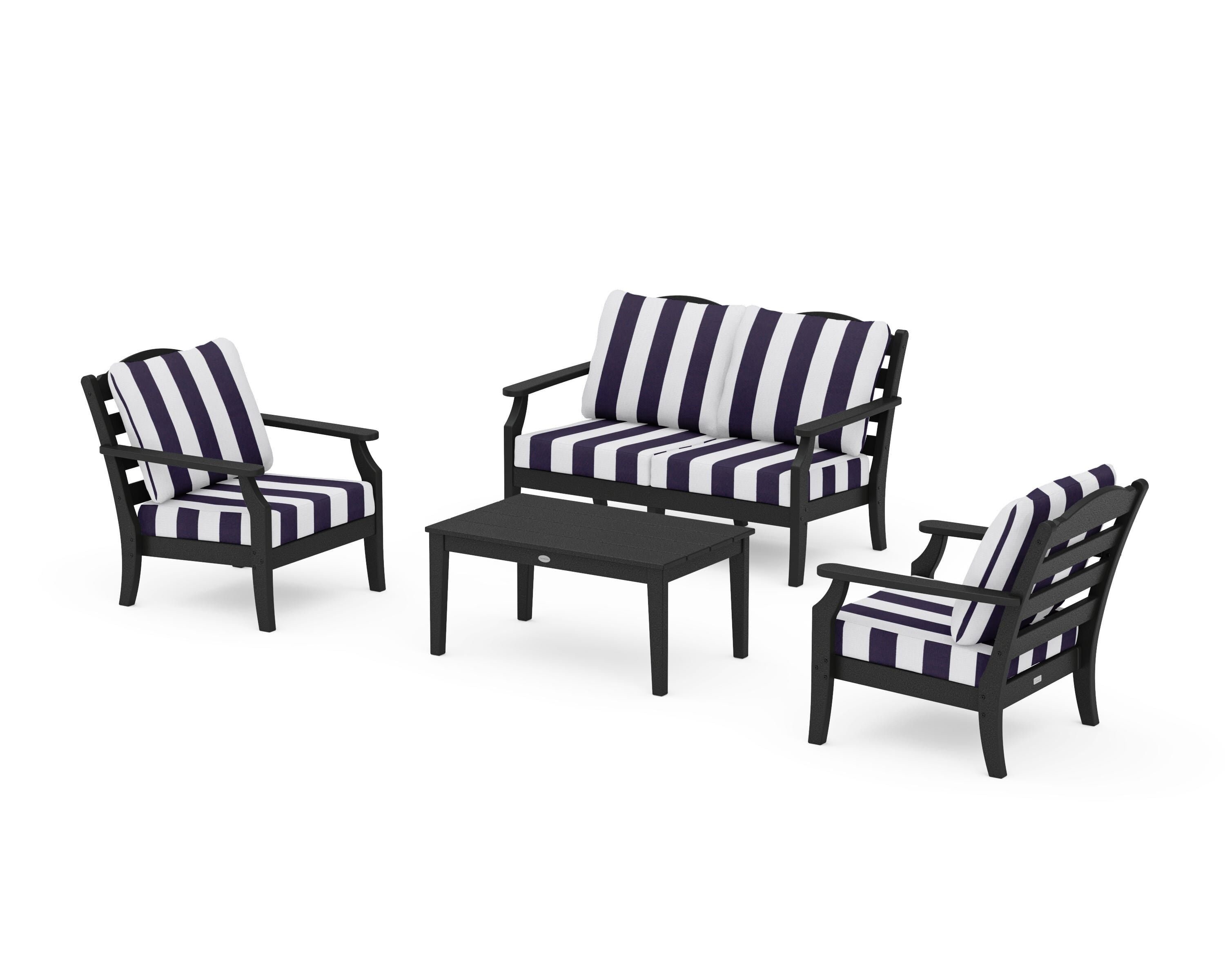Draper James™ by POLYWOOD® Savannah 4-Piece Deep Seating Set with Loveseat in Black / Cabana Stripe Navy
