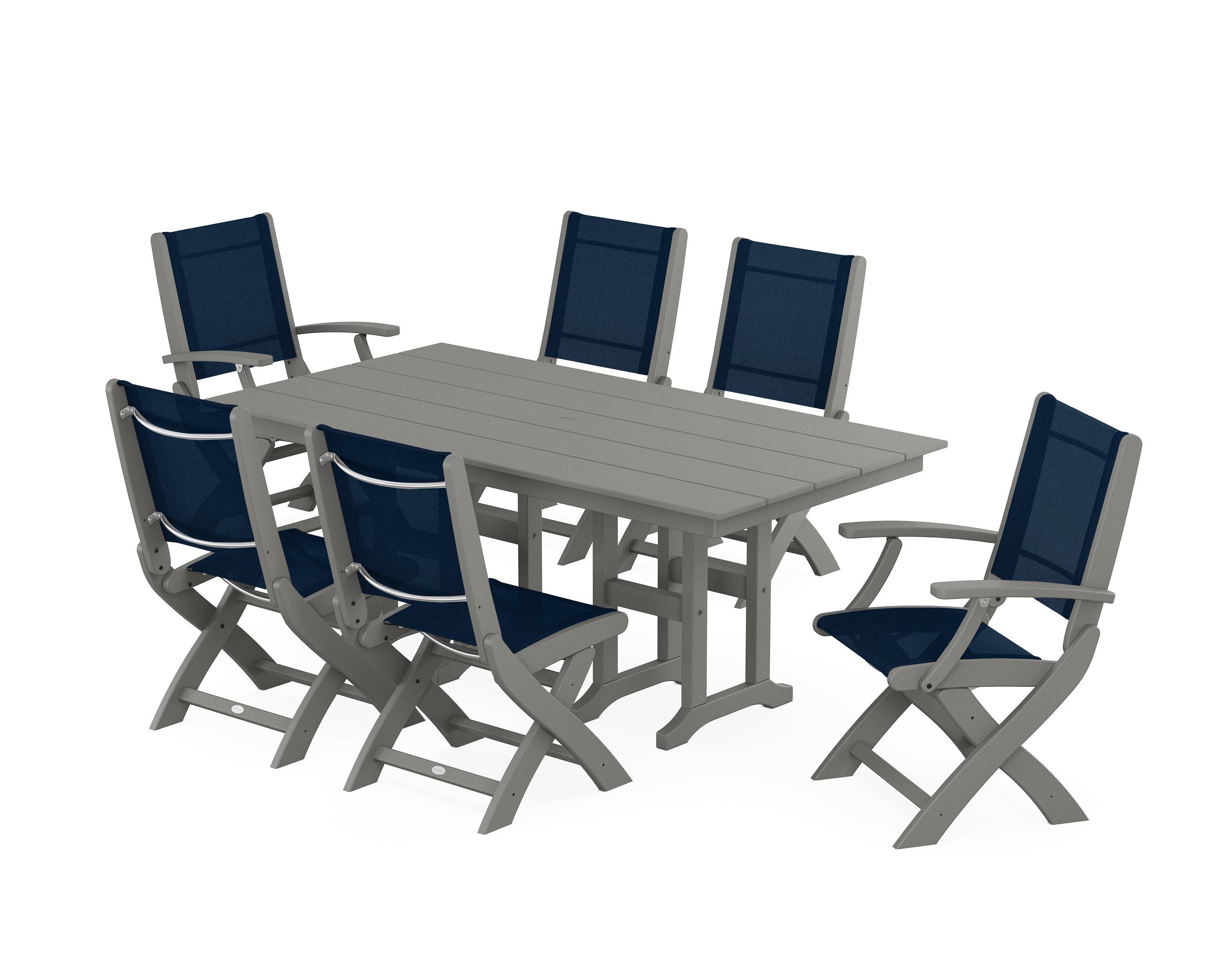 POLYWOOD® Coastal Folding Chair 7-Piece Farmhouse Dining Set in Slate Grey / Navy Blue Sling