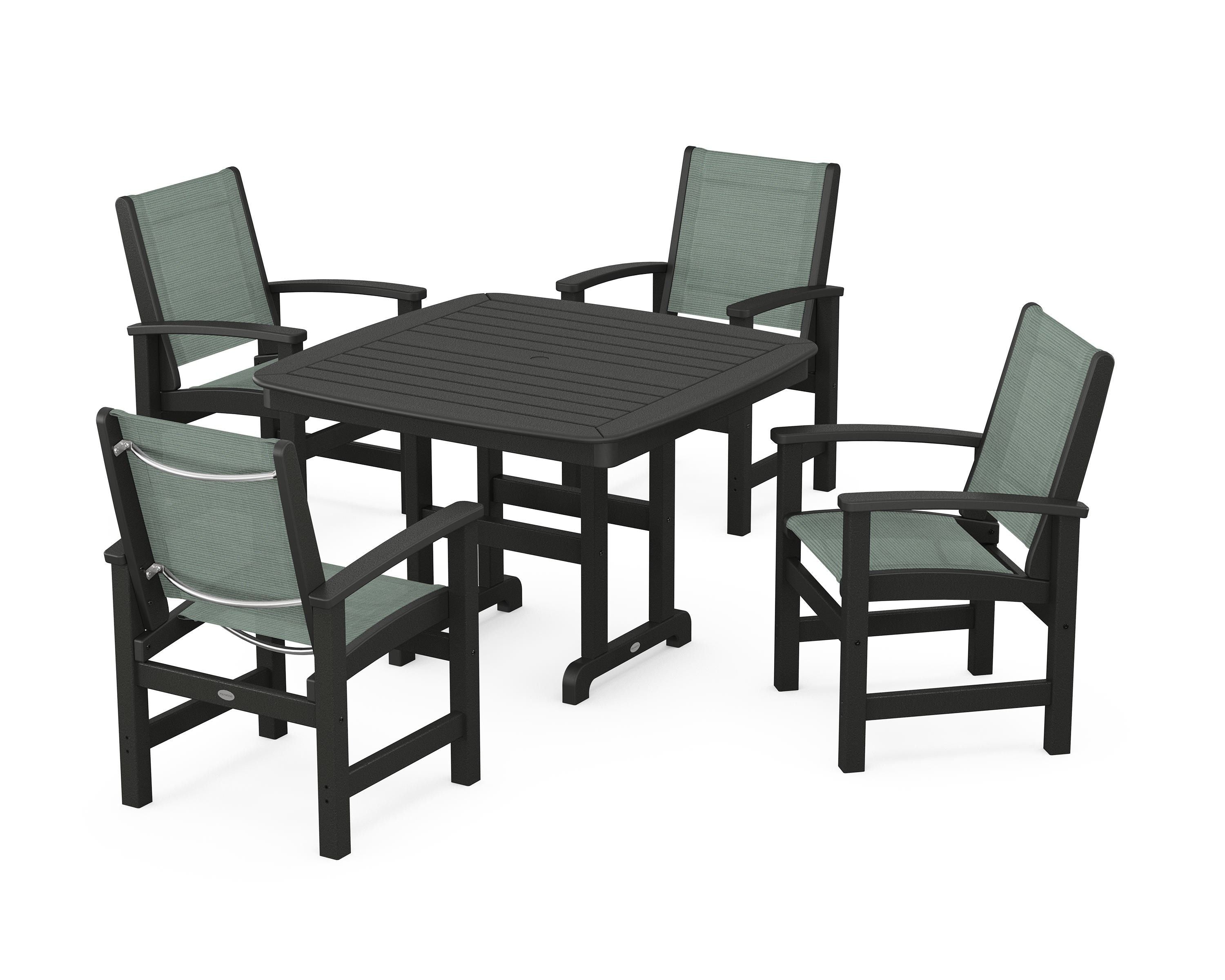 POLYWOOD® Coastal 5-Piece Dining Set in Black / Dupioni Sea Mist Sling