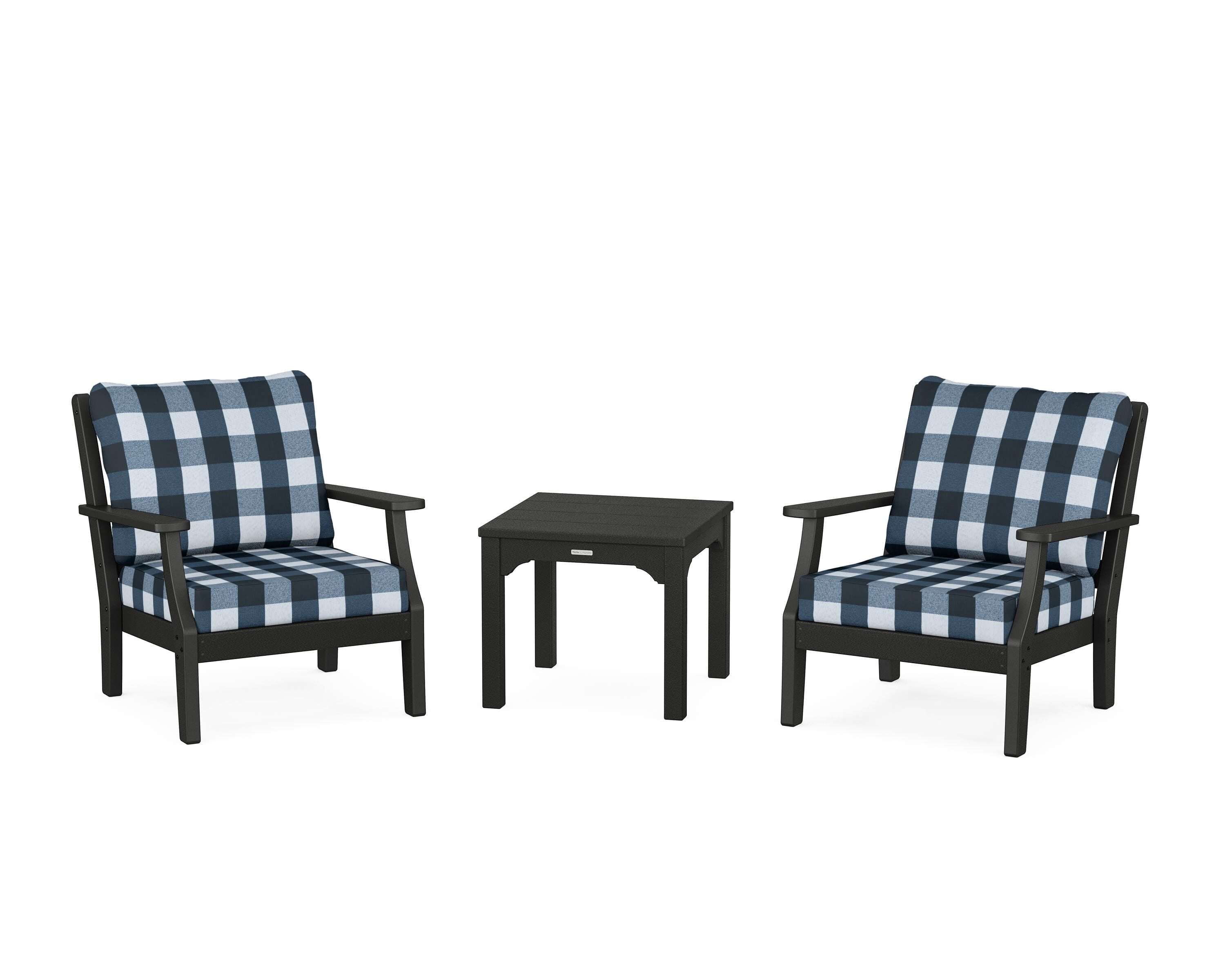 Martha Stewart by POLYWOOD® Chinoiserie 3-Piece Deep Seating Set in Black / Buffalo Plaid Marine Indigo