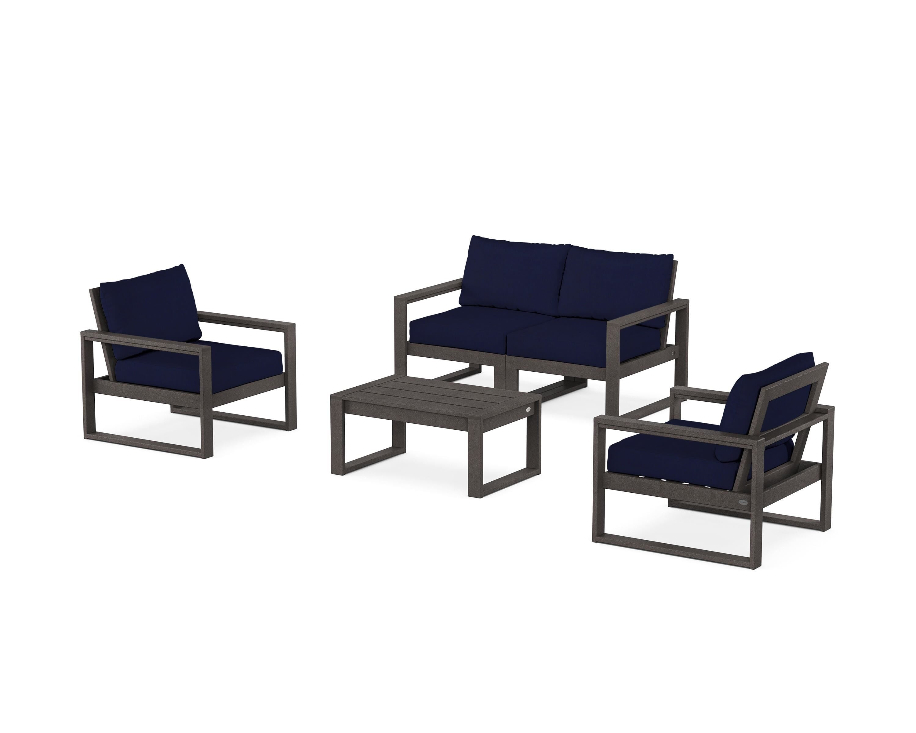 POLYWOOD® EDGE Sectional 4-Piece Deep Seating Set with Loveseat in Vintage Coffee / Navy