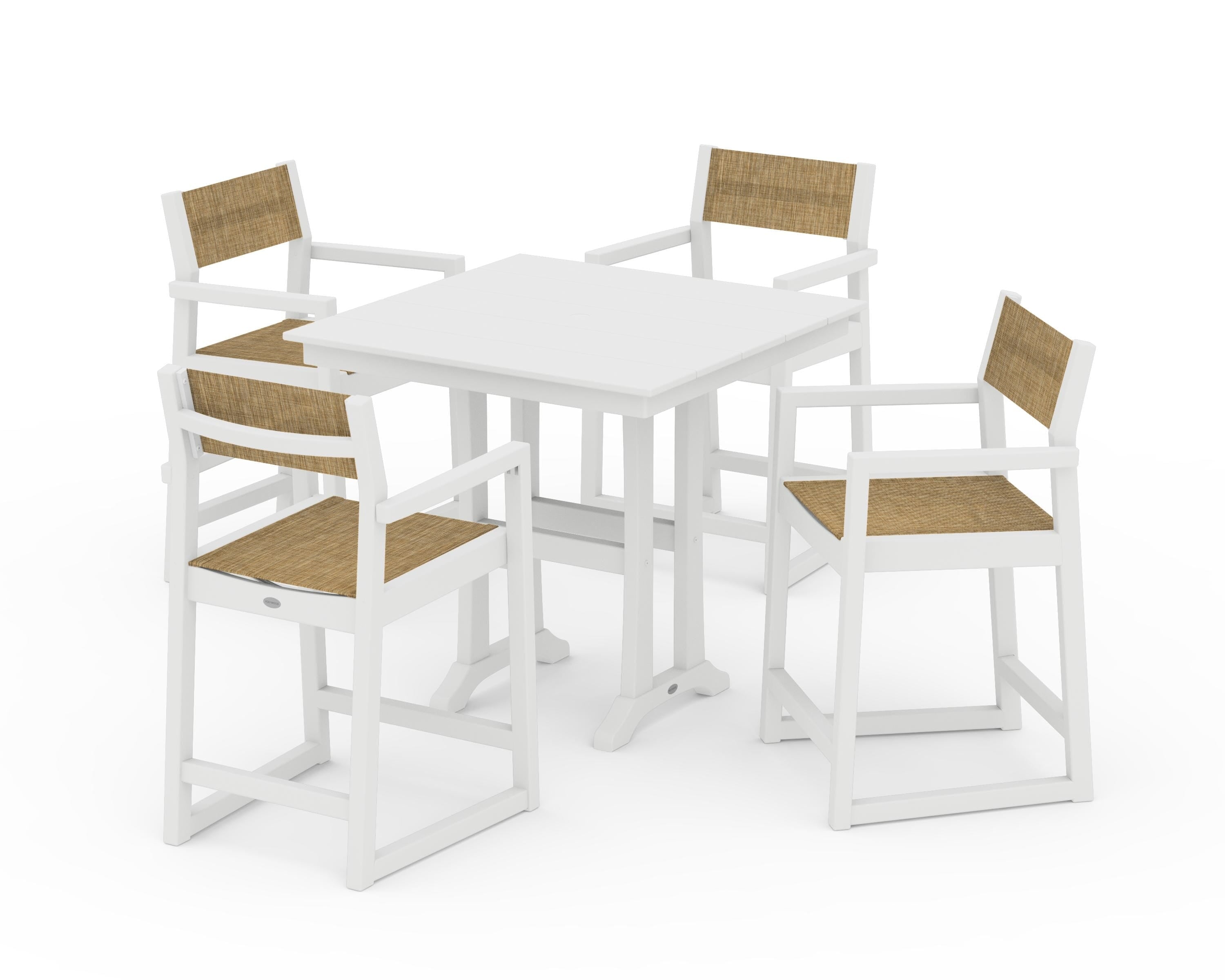 POLYWOOD® EDGE Sling Arm Chair 5-Piece Farmhouse Counter Set with Trestle Legs in White / Burlap Sling