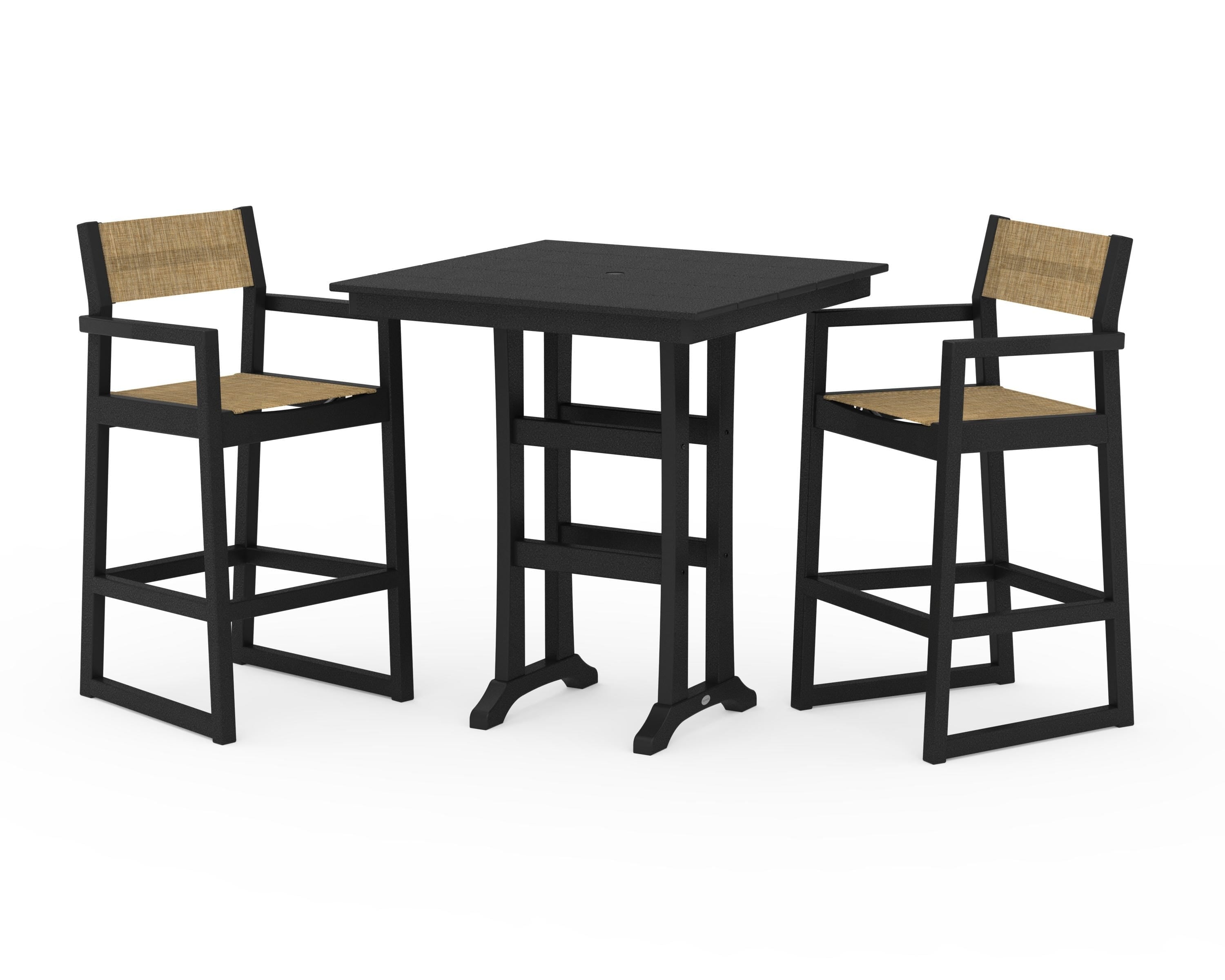 POLYWOOD® EDGE Sling Arm Chair 3-Piece Farmhouse Bar Set with Trestle Legs in Black / Burlap Sling