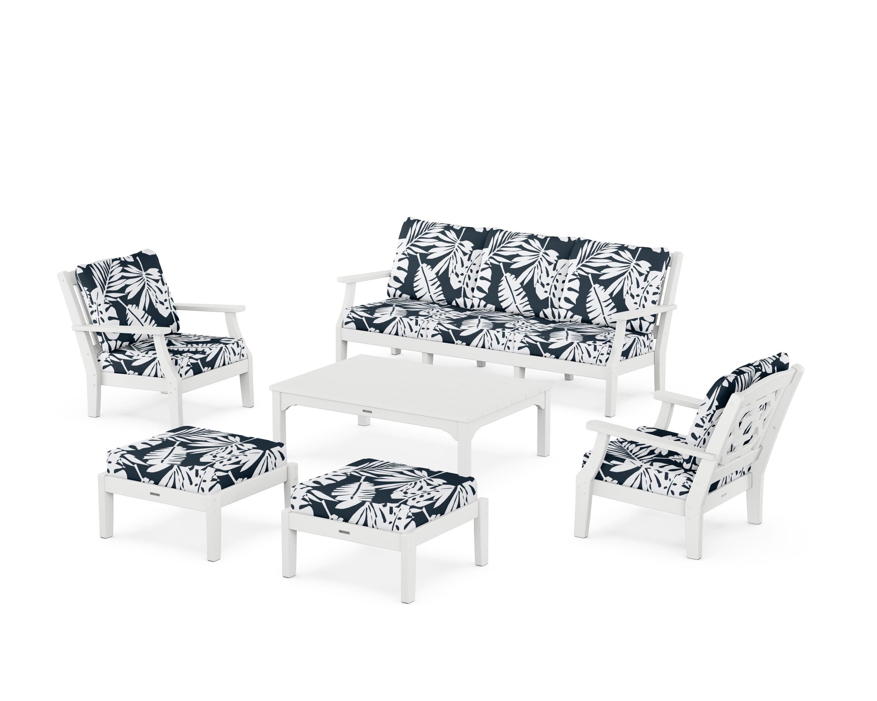 Martha Stewart by POLYWOOD® Chinoiserie 6-Piece Lounge Sofa Set in White / Leaf Marine Indigo