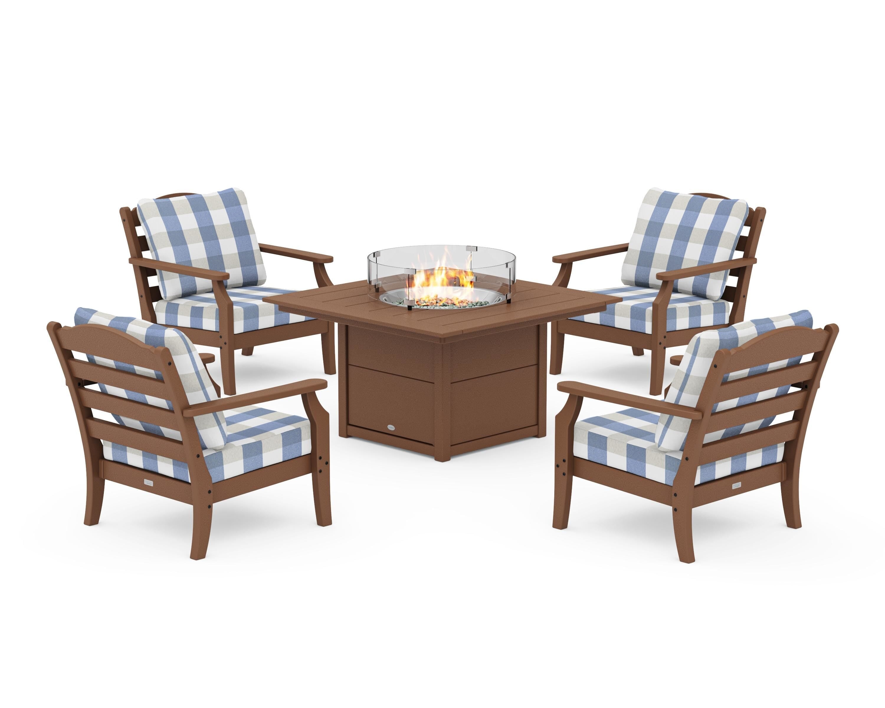 Draper James™ by POLYWOOD® Savannah 5-Piece Deep Seating Set with Fire Pit Table in Teak / Buffalo Plaid Sky Blue