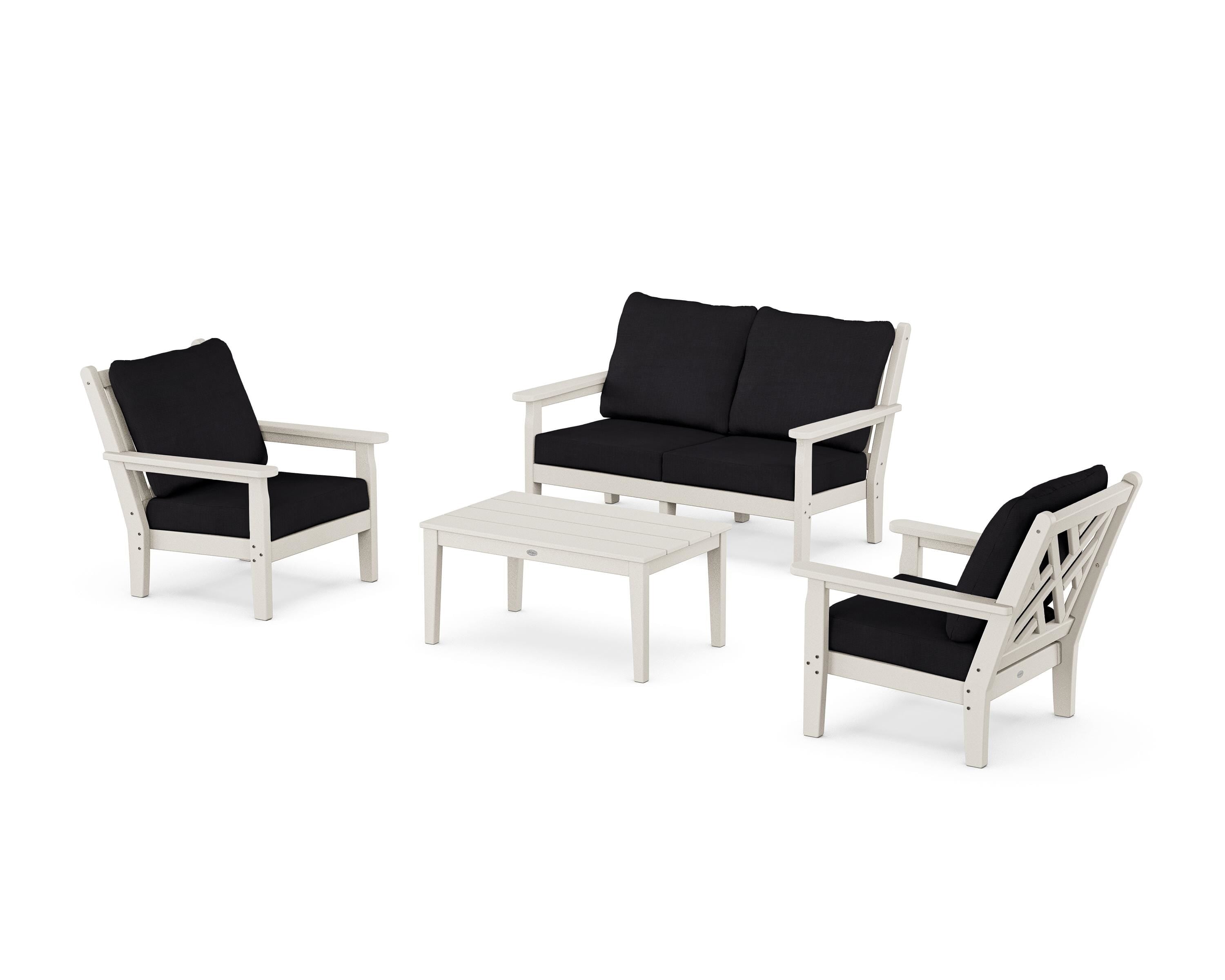 POLYWOOD® Chippendale 4-Piece Deep Seating Set with Loveseat in Sand / Midnight Linen