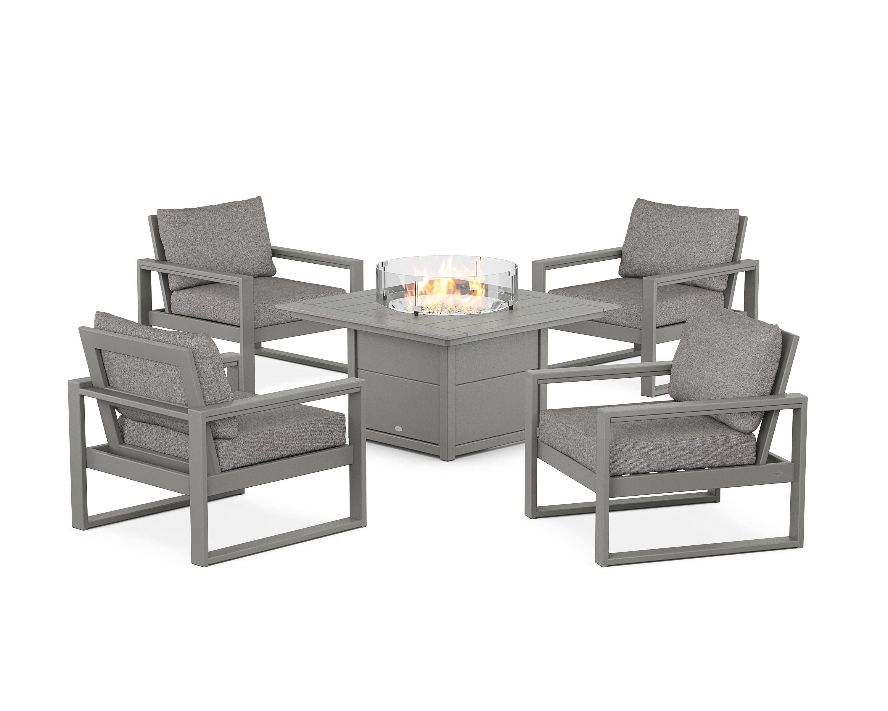 POLYWOOD® EDGE Sectional 5-Piece Deep Seating Set with Fire Pit Table in Slate Grey / Grey Mist