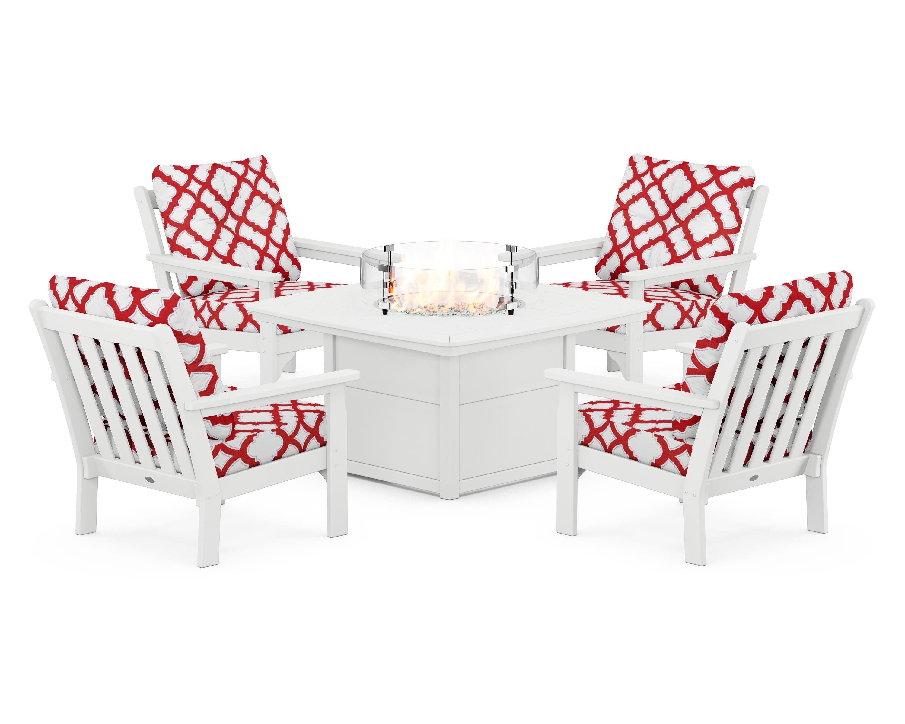 POLYWOOD® Vineyard 5-Piece Conversation Set with Fire Pit Table in White / Trellis Crimson