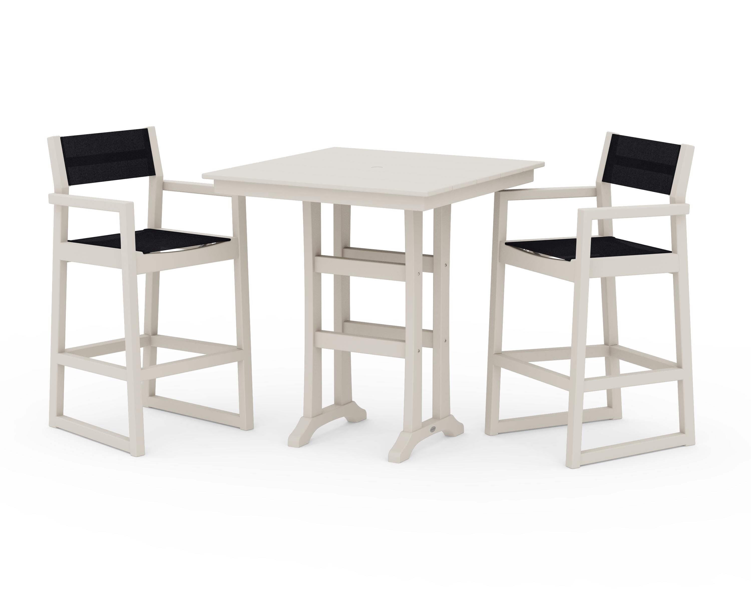 POLYWOOD® EDGE Sling Arm Chair 3-Piece Farmhouse Bar Set with Trestle Legs in Sand / Black Sling