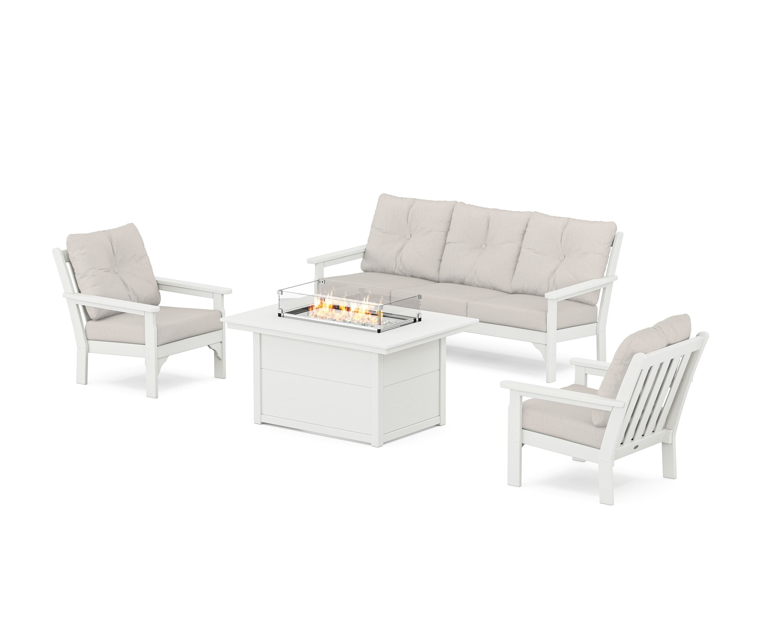 POLYWOOD® Vineyard Deep Seating Fire Pit Table Set in Vintage White / Cast Ash