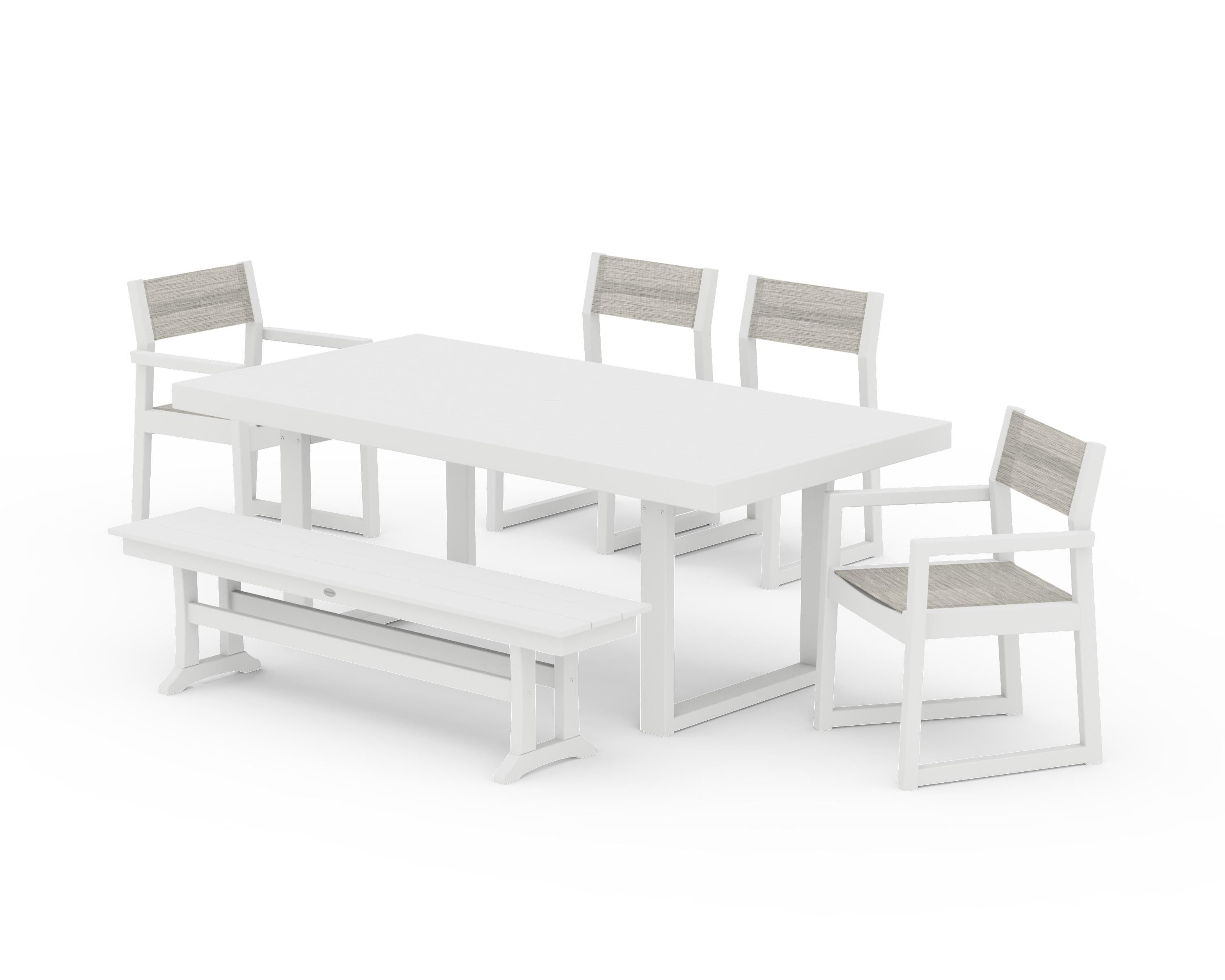 POLYWOOD® EDGE Sling 6-Piece Dining Set with Bench in White / Birch Sling