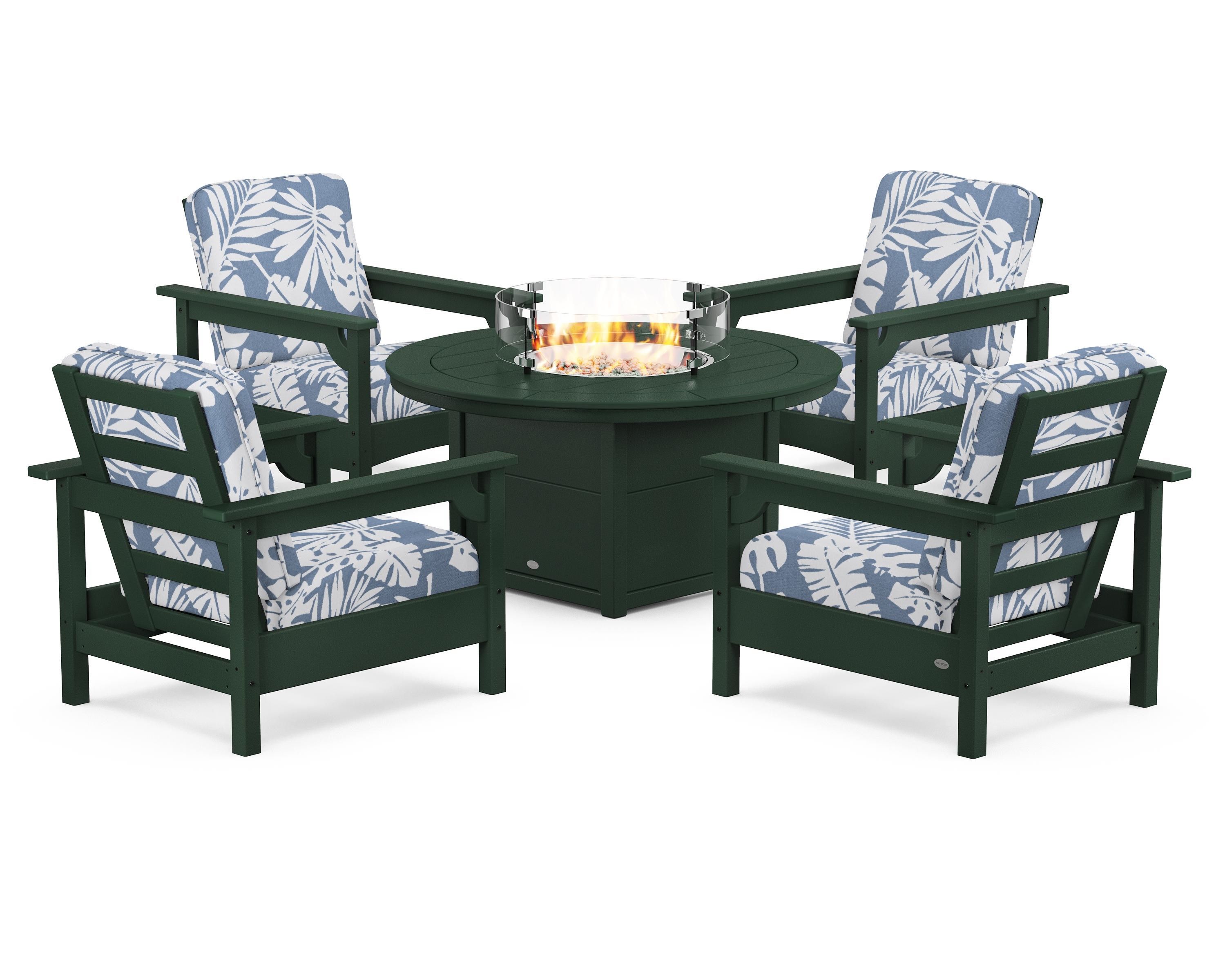 POLYWOOD® Club 5-Piece Conversation Set with Fire Pit Table in Green / Leaf Sky Blue