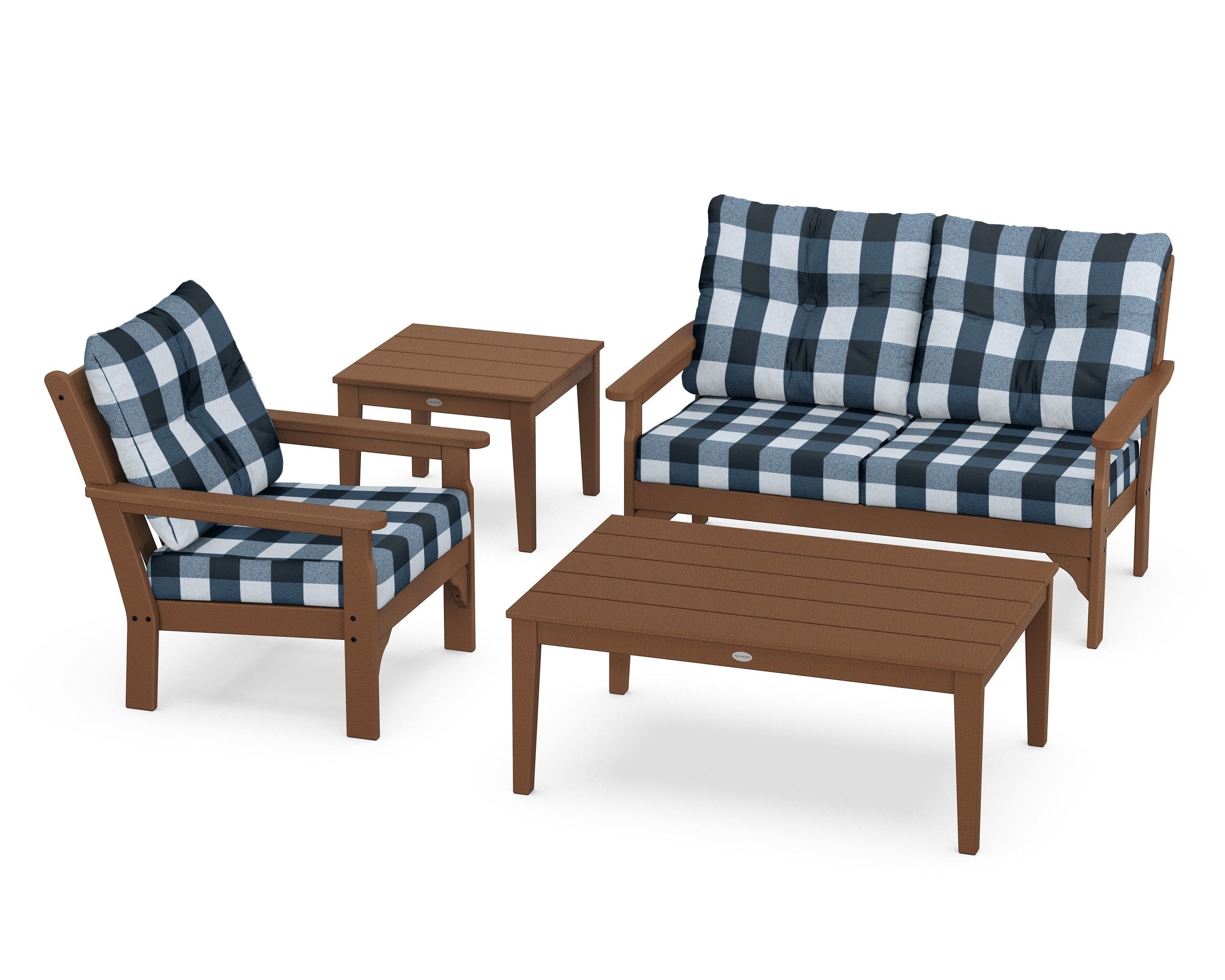 POLYWOOD® Vineyard 4-Piece Deep Seating Set in Teak / Buffalo Plaid Marine Indigo