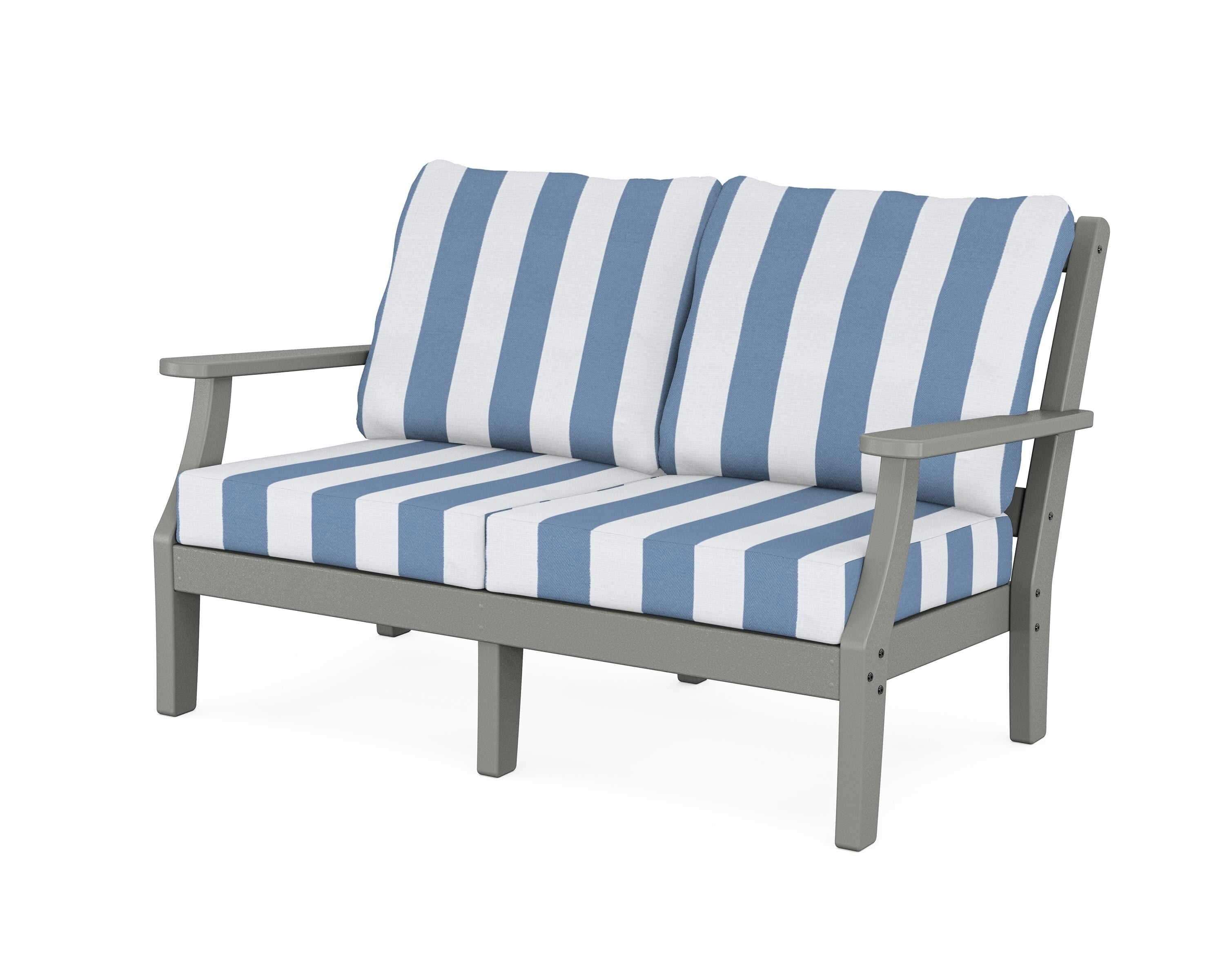 Martha Stewart by POLYWOOD® Chinoiserie Deep Seating Loveseat in Slate Grey / Cabana Stripe Sky Blue