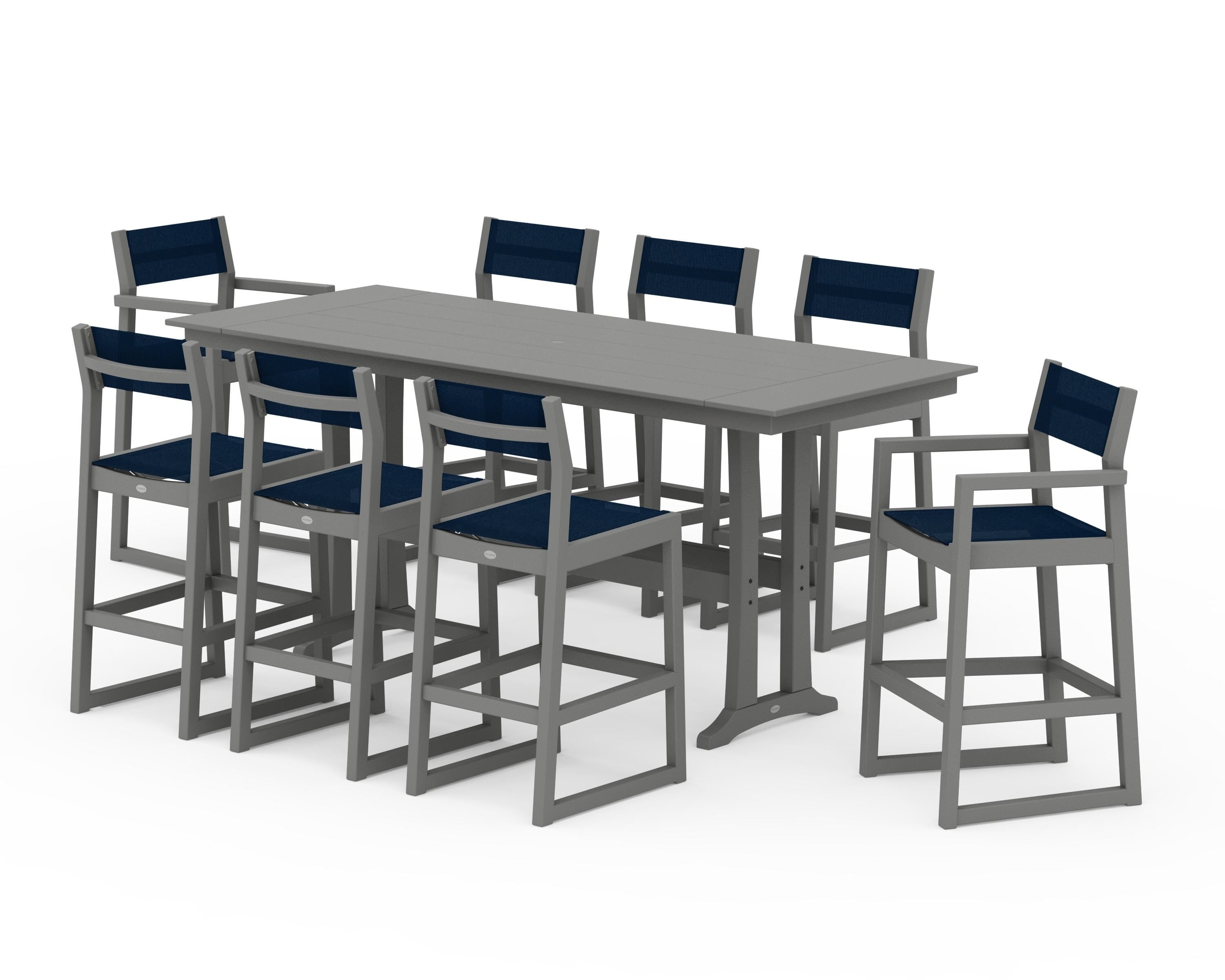 POLYWOOD® EDGE Sling 9-Piece Farmhouse Bar Set with Trestle Legs in Slate Grey / Navy Blue Sling