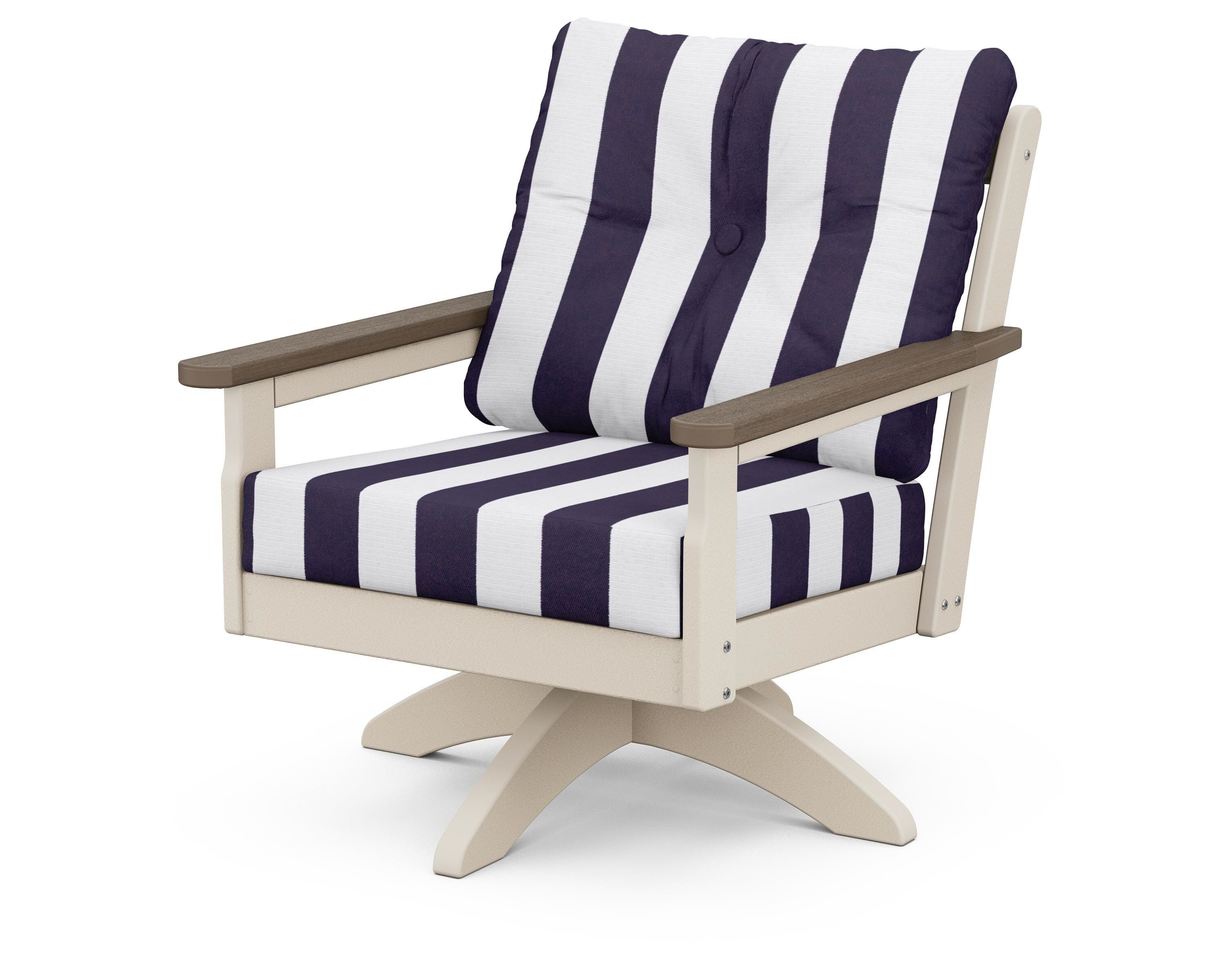 POLYWOOD® Vineyard Deep Seating Swivel Chair in Sand / Kona / Cabana Stripe Navy