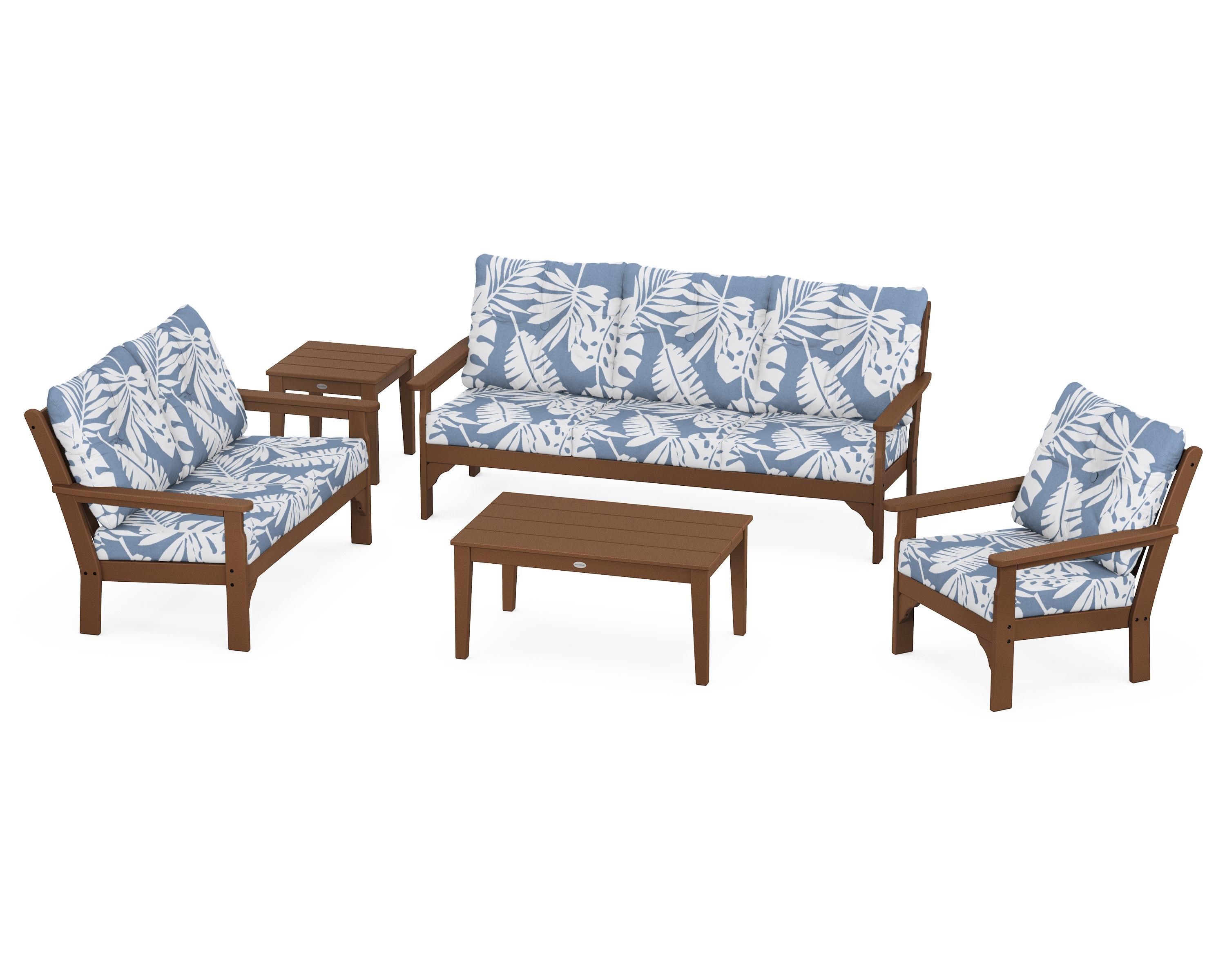 POLYWOOD® Vineyard 5 Piece Deep Seating Set in Teak / Leaf Sky Blue