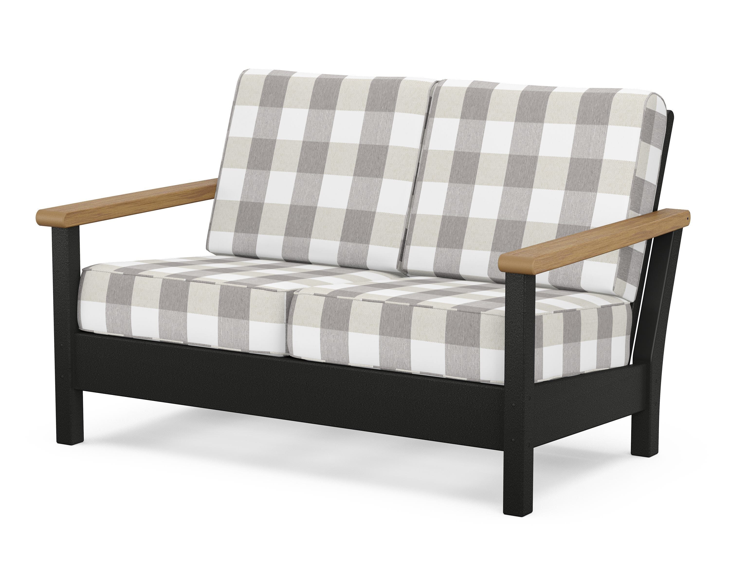 POLYWOOD® Harbour Deep Seating Loveseat in Black / Natural / Buffalo Plaid Grey Mist